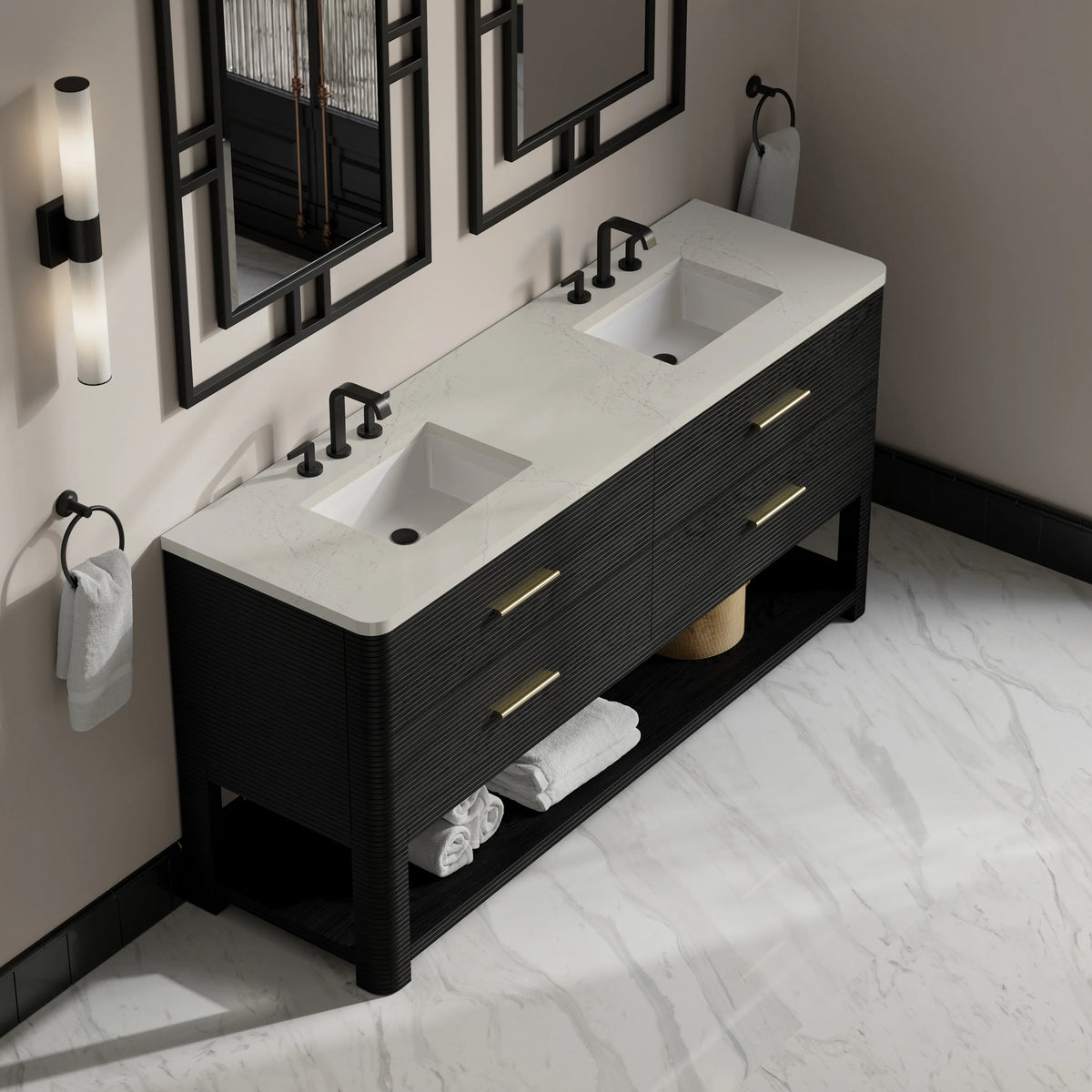 Lucian 72" Double Vanity, Carbon Oak, w/ 3 CM Siberian Silestone Widespread Top, view 6