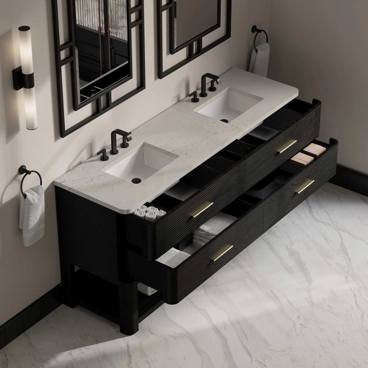 Lucian 72" Double Vanity, Carbon Oak, w/ 3 CM Siberian Silestone Widespread Top, view 7