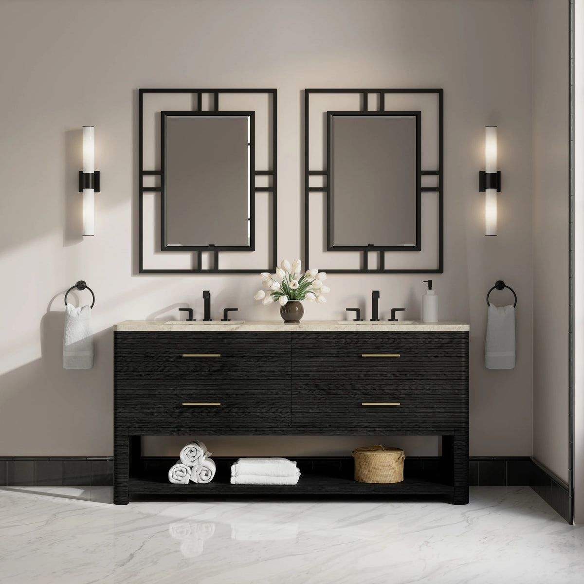 Lucian 72" Double Vanity, Carbon Oak, w/ 3 CM Tajnar Eclos Widespread Top, view 2