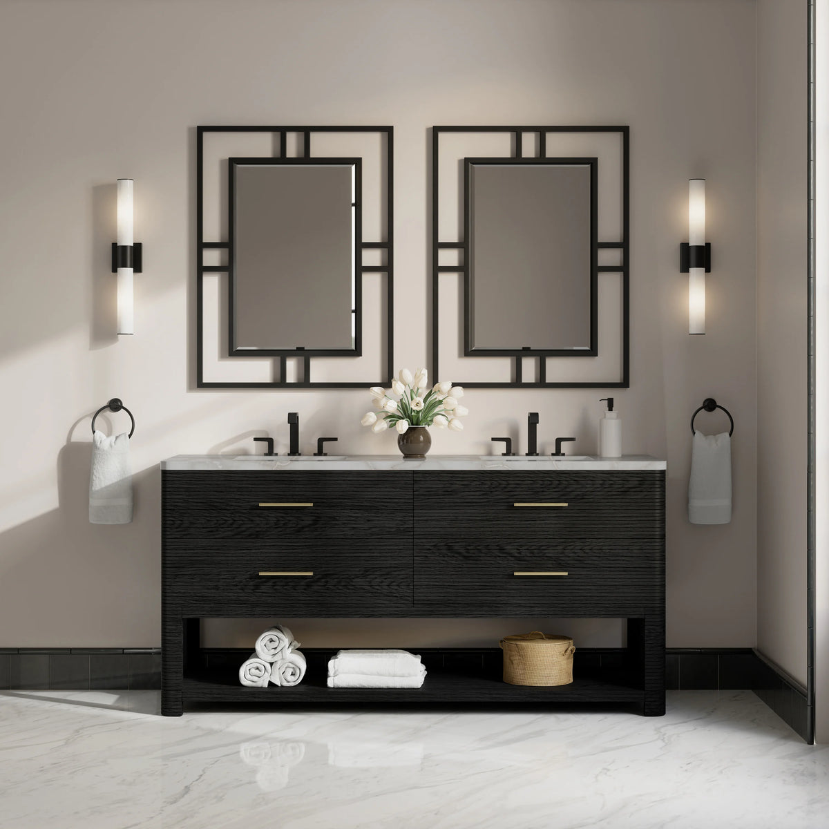 Lucian 72" Double Vanity, Carbon Oak w/ 3 CM Victorian Silver Silestone Widespread Top, view 2