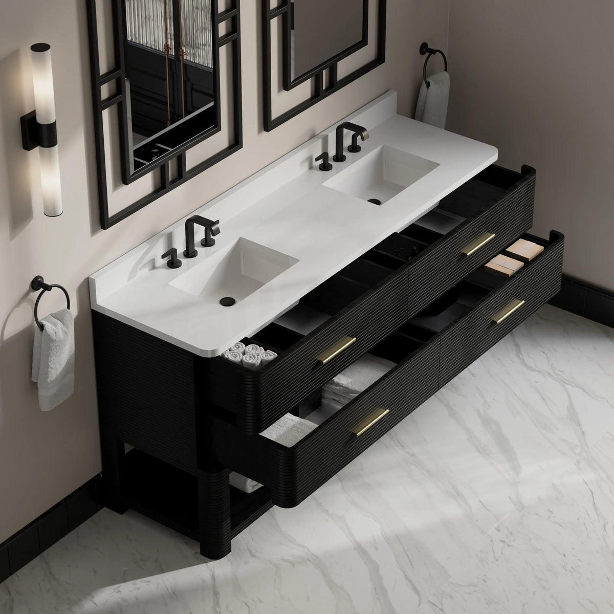 Lucian 72" Double Vanity, Carbon Oak w/ 3 CM White Zeus Silestone Widespread Top, view 10