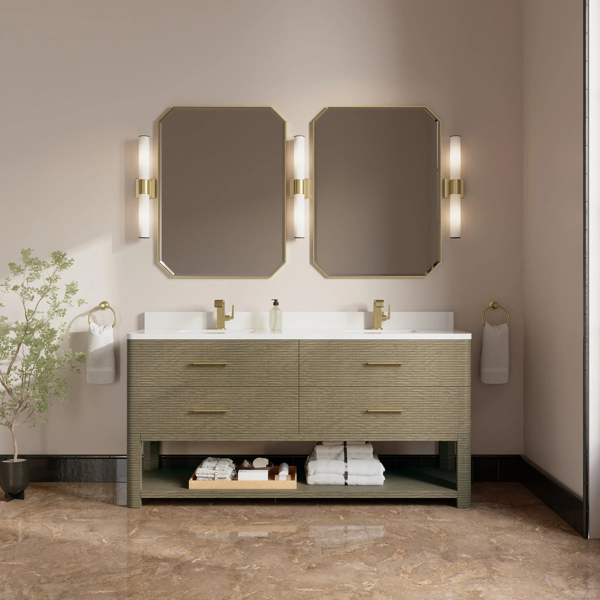 Lucian 72" Double Vanity, Pebble Oak w/ 3 CM White Zeus Silestone Top, view 2