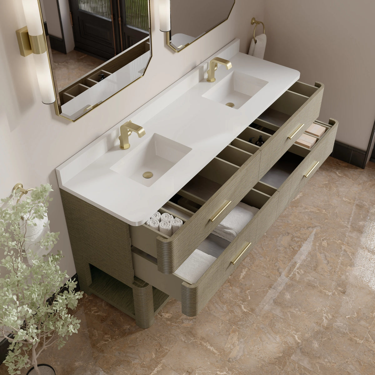 Lucian 72" Double Vanity, Pebble Oak w/ 3 CM White Zeus Silestone Top, view 9
