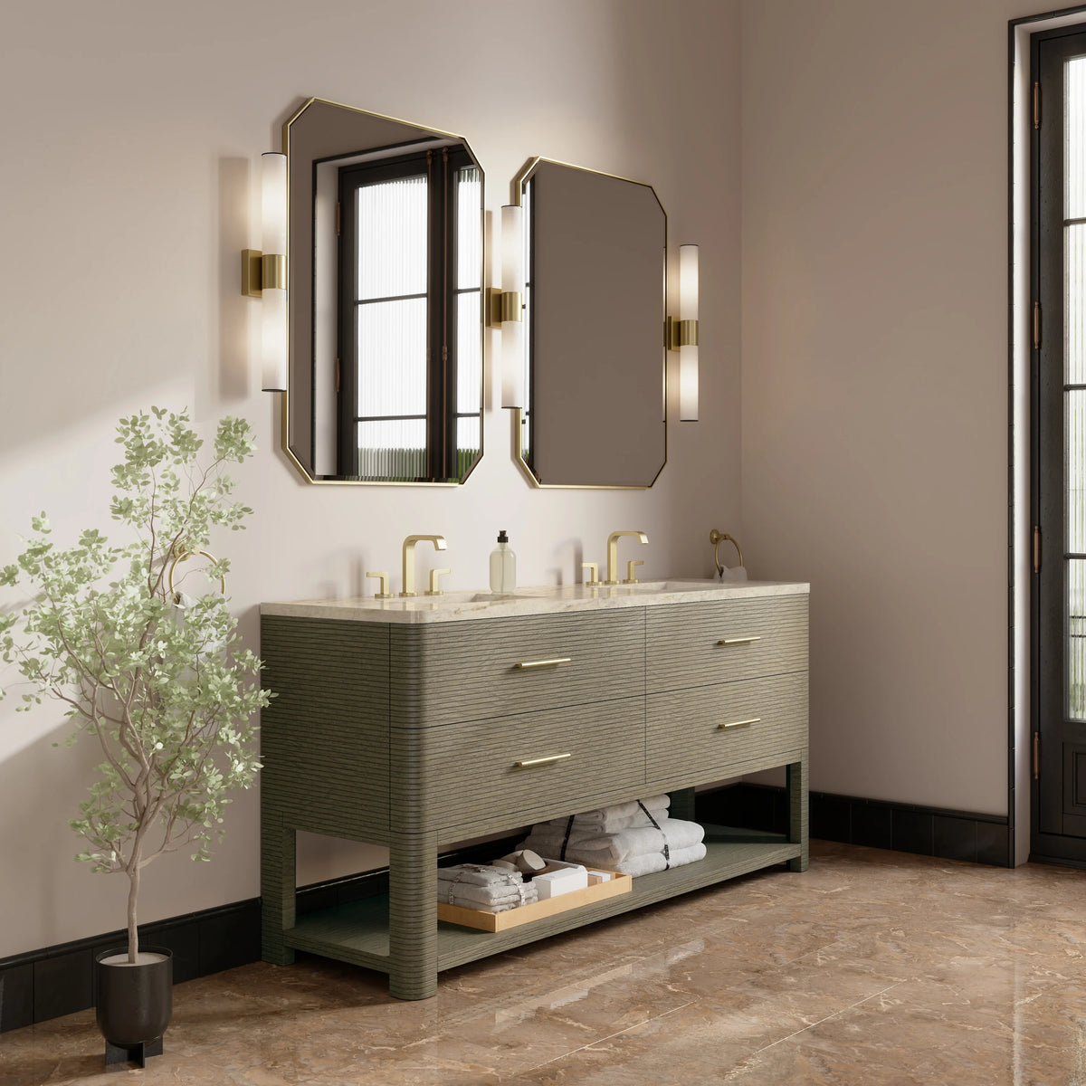 Lucian 72" Double Vanity, Pebble Oak, w/ 3 CM Tajnar Eclos Top w/FreePower Wireless Charger, view 5