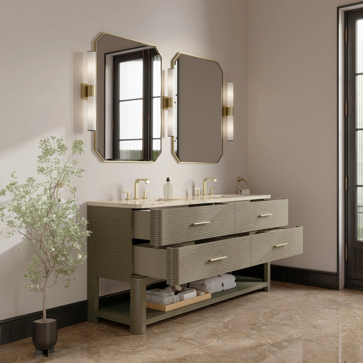 Lucian 72" Double Vanity, Pebble Oak, w/ 3 CM Tajnar Eclos Widespread Top, view 4