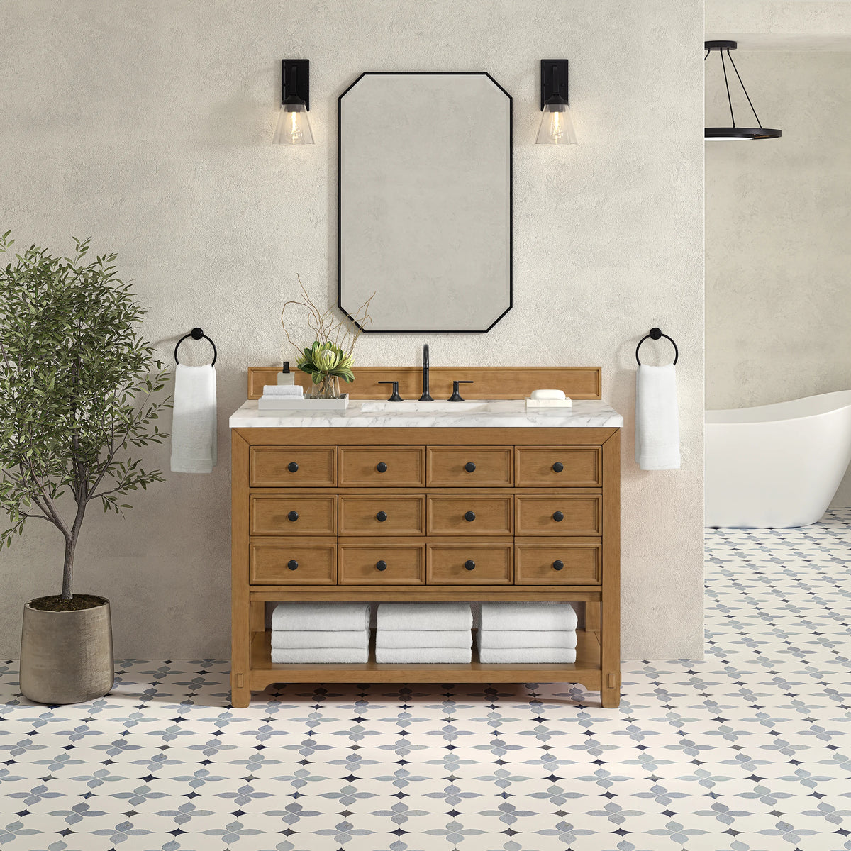 Malibu 48" Single Vanity, Amber Birch w/ 3 CM Carrara White Marble Top, view 3