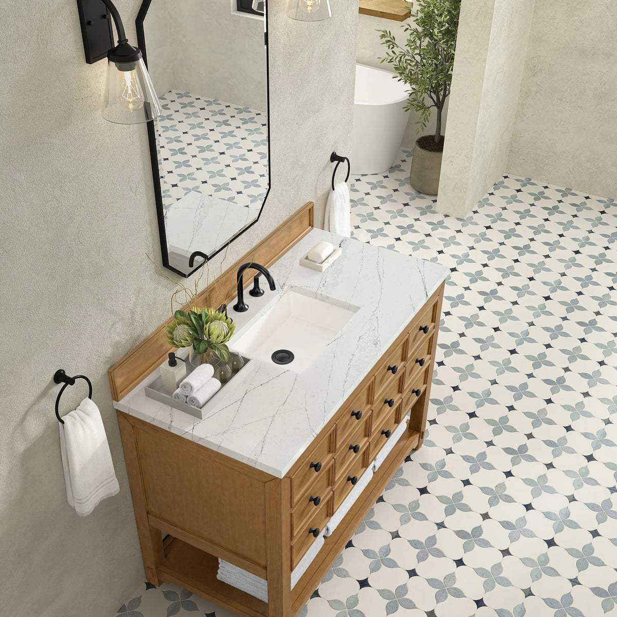 Malibu 48" Single Vanity, Amber Birch w/ 3 CM Ethereal Noctis Silestone Top, view 7