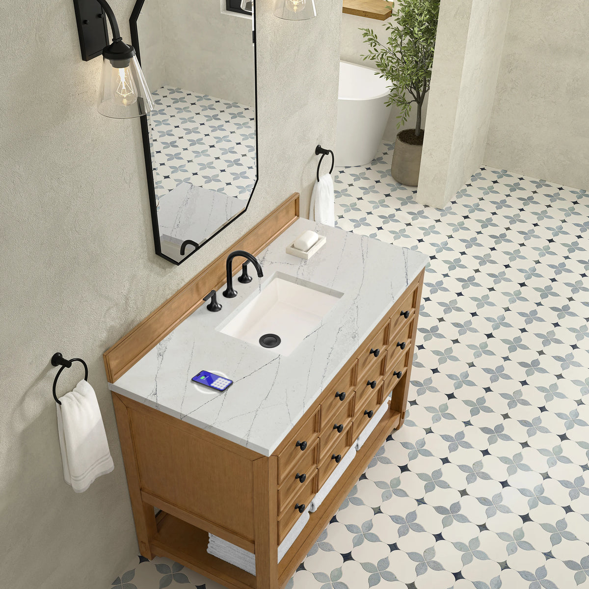 Malibu 48" Single Vanity, Amber Birch w/ 3 CM Ethereal Noctis Silestone Top w/ FreePower Wireless Charger, view 9