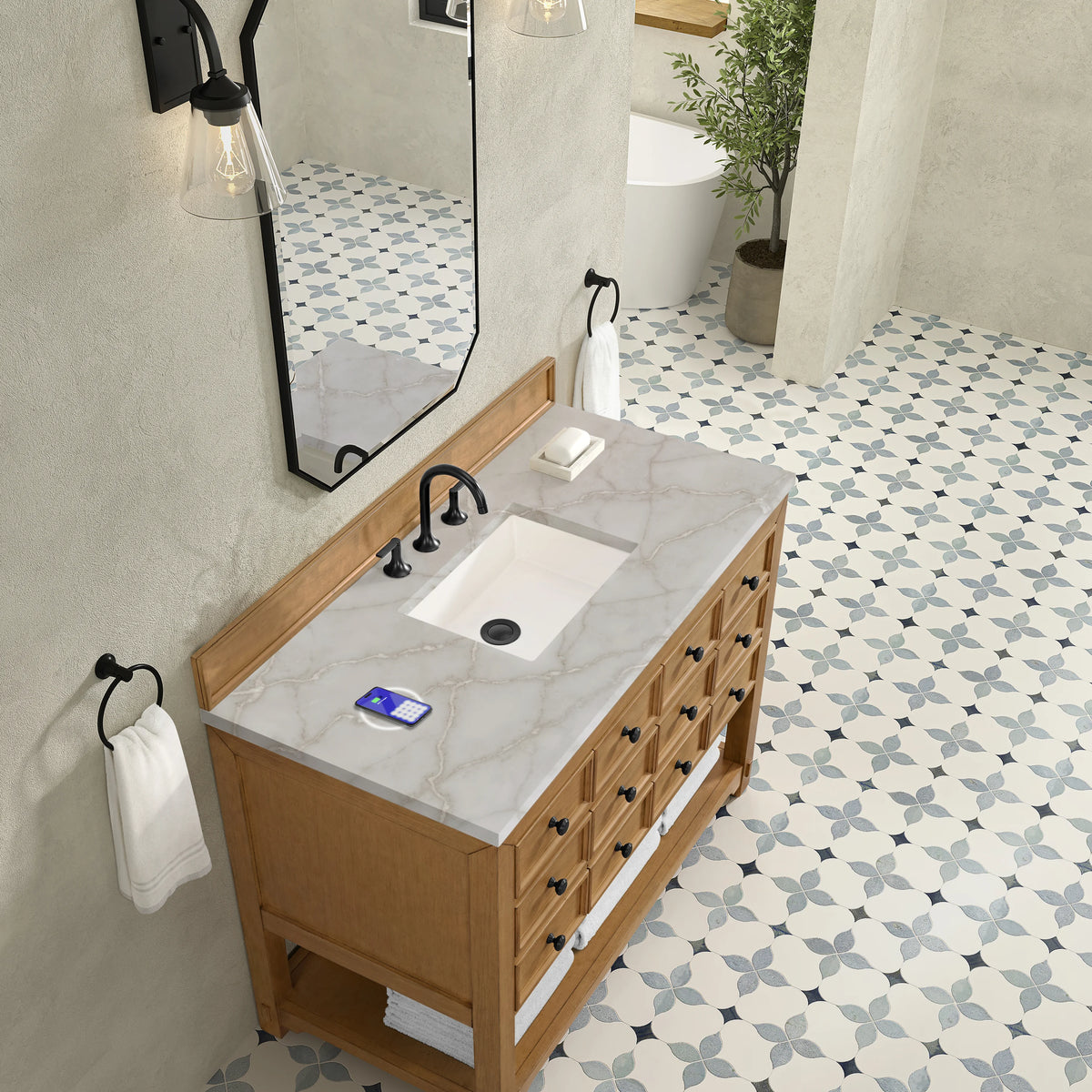 Malibu 48" Single Vanity, Amber Birch w/ 3 CM Victorian Silver Silestone Top w/ FreePower Wireless Charger, view 9