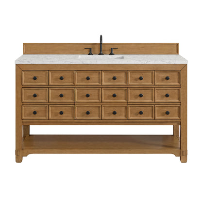 Malibu 60" Single Vanity, Amber Birch w/ 3 CM Eternal Jasmine Pearl Top