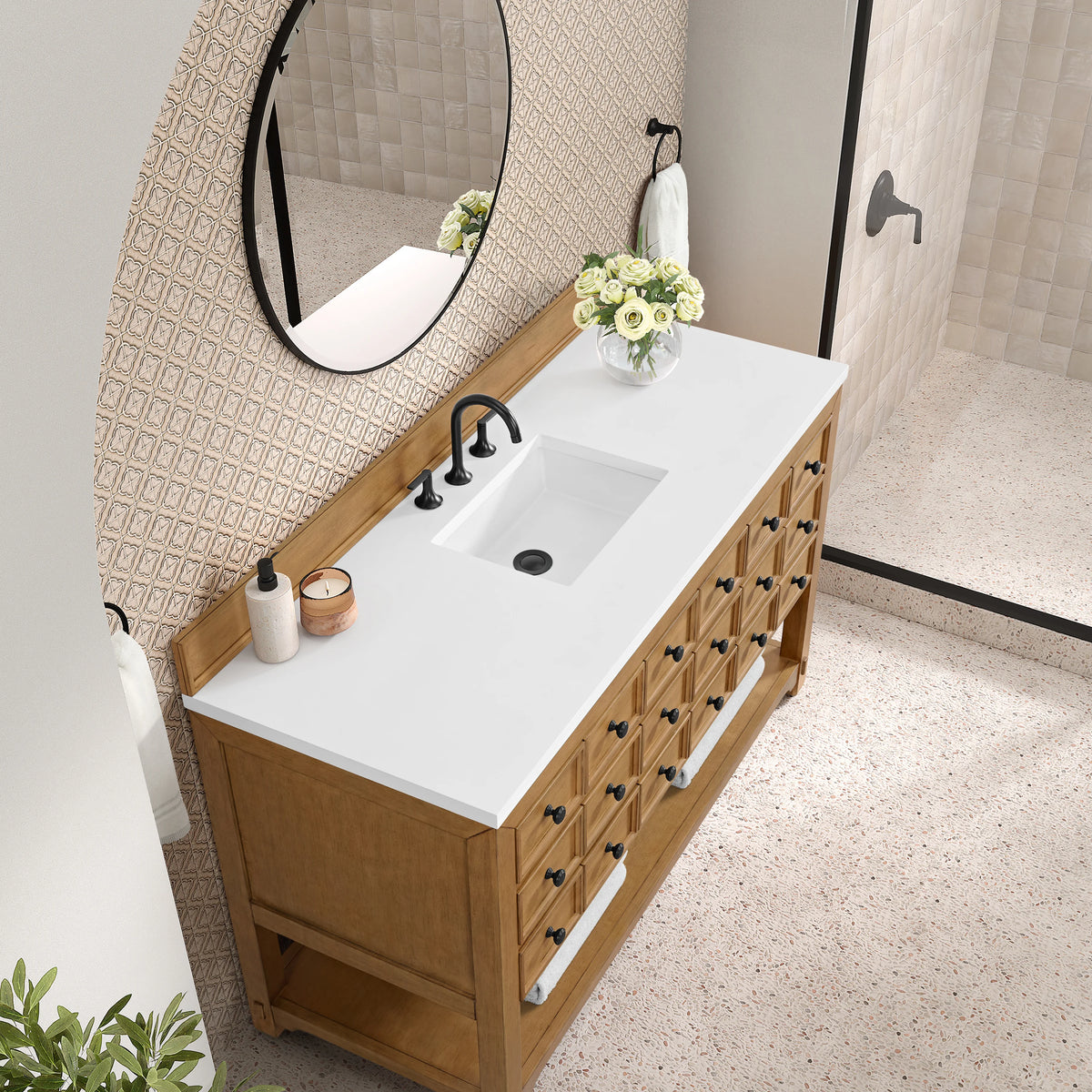 Malibu 60" Single Vanity, Amber Birch w/ 3 CM White Zeus Top, view 8