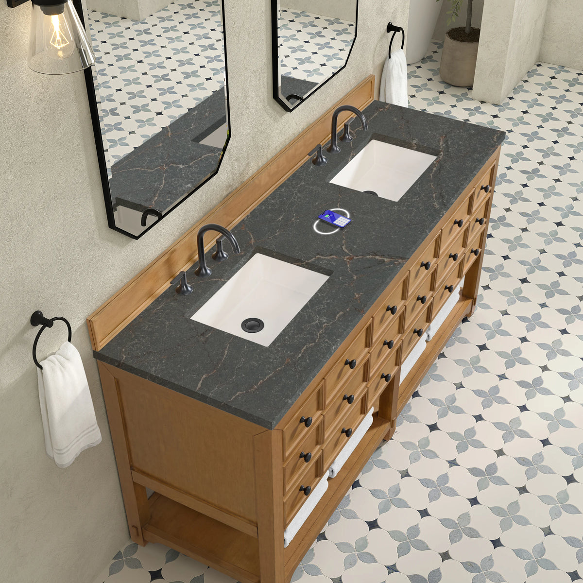 Malibu 72" Double Vanity, Amber Birch w/ 3 CM Parisien Bleu Top w/ FreePower Wireless Charger, view 9