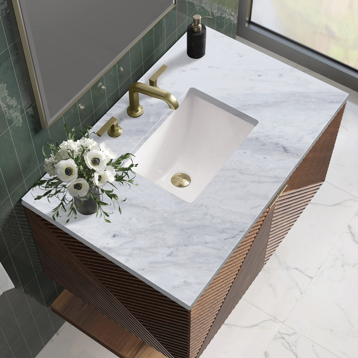 Marcello 36" Single Vanity, Chestnut w/ 3 CM Carrara Marble Top, view 5