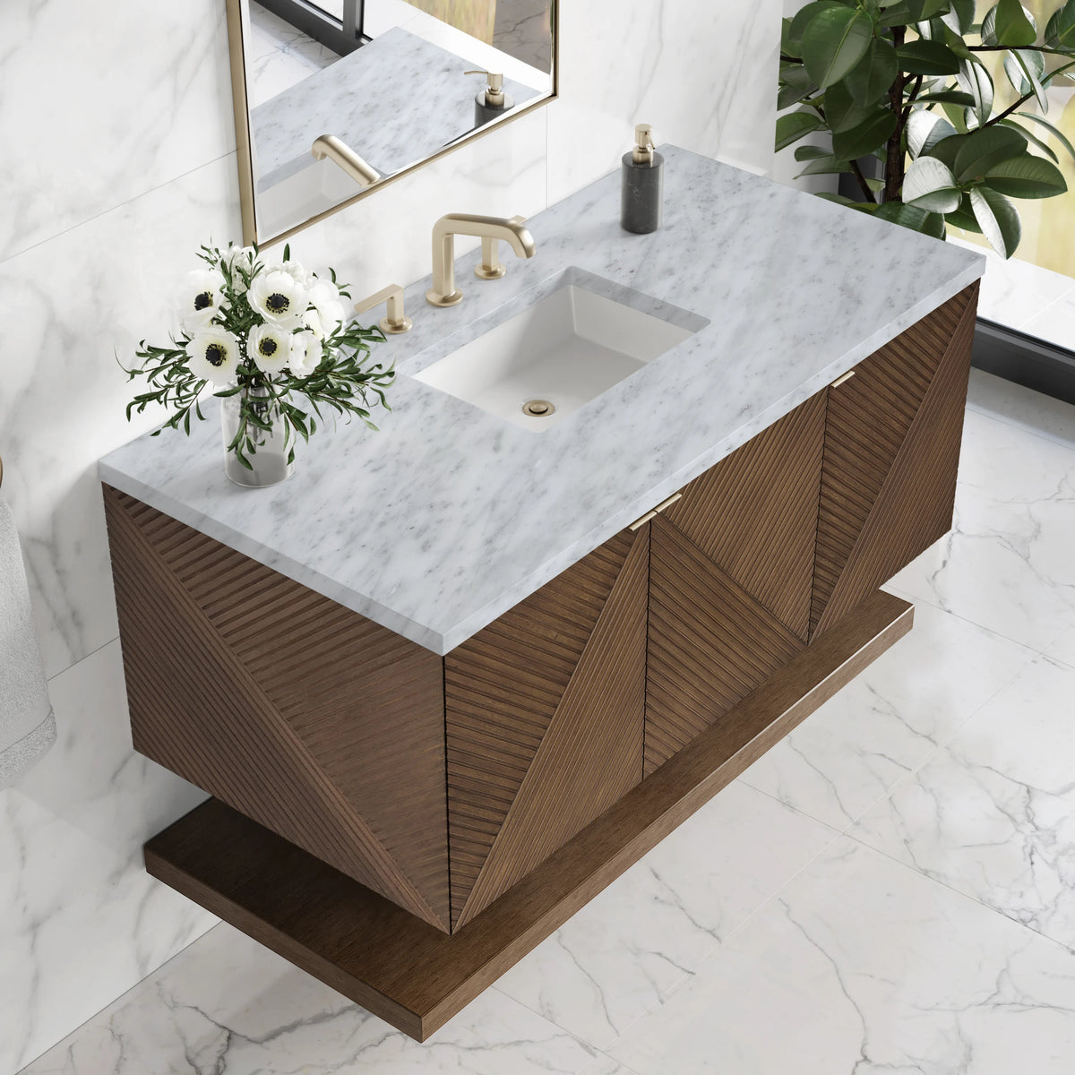 Marcello 48" Single Vanity, Chestnut w/ 3 CM Carrara White Marble Top, view 7