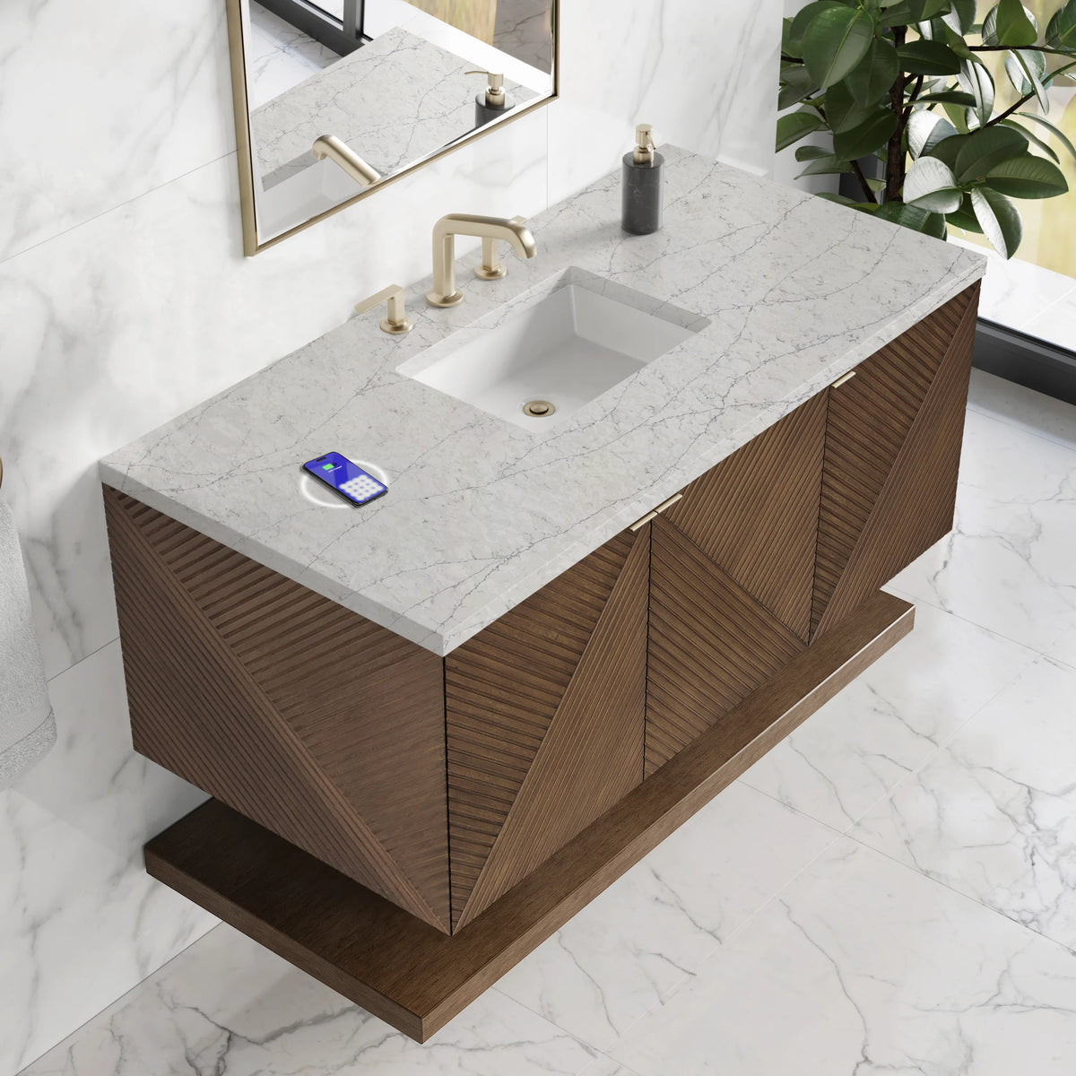 Marcello 48" Single Vanity, Chestnut w/ 3 CM Eternal Jasmine Pearl Silestone Top w/ FreePower Wireless Charger, view 8