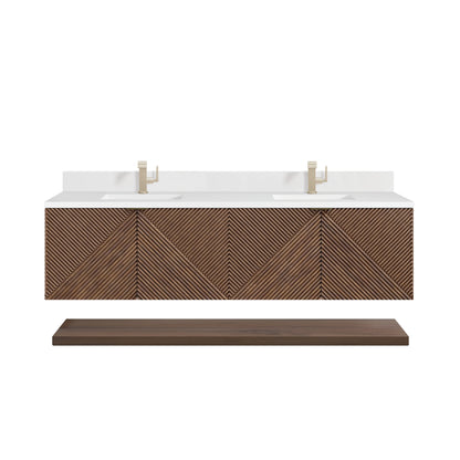 Marcello 72" Double Vanity, Chestnut w/ Single Hole 3 CM White Zeus Top & Backsplash