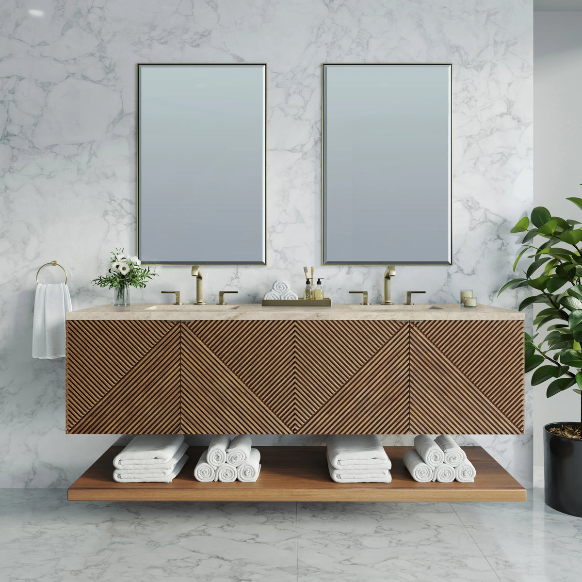 Marcello 72" Double Vanity, Chestnut, w/ 3 CM Tajnar Eclos Top w/FreePower Wireless Charger, view 4