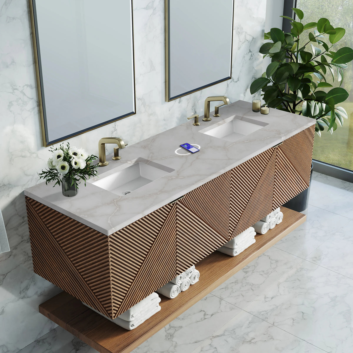 Marcello 72" Double Vanity, Chestnut w/ 3 CM Victorian Silver Top w/FreePower Wireless Charger, view 8