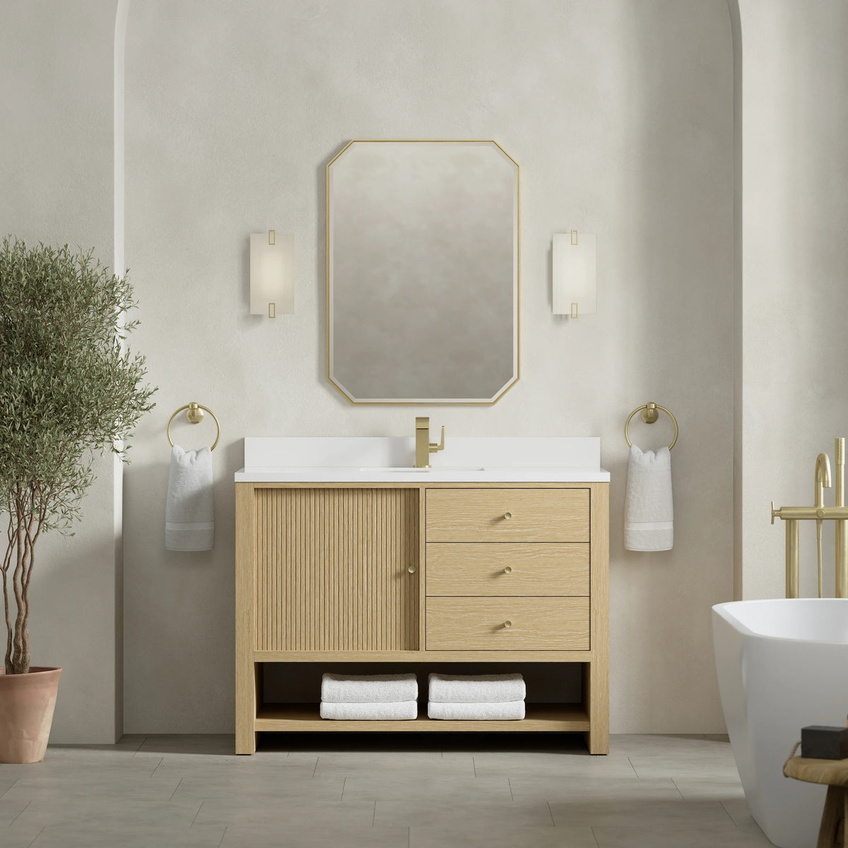 Marigot 48" Single Vanity, Sunwashed Oak w/ Single Hole 3 CM White Zeus Silestone Top & Backsplash, view 3