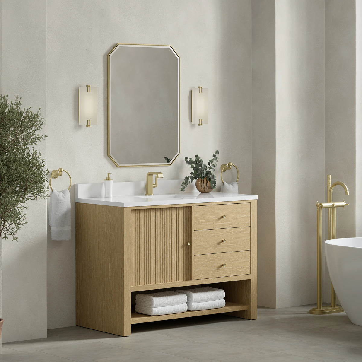Marigot 48" Single Vanity, Sunwashed Oak w/ Single Hole 3 CM White Zeus Silestone Top & Backsplash, view 4