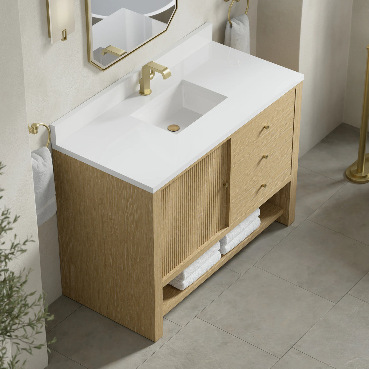 Marigot 48" Single Vanity, Sunwashed Oak w/ Single Hole 3 CM White Zeus Silestone Top & Backsplash, view 7