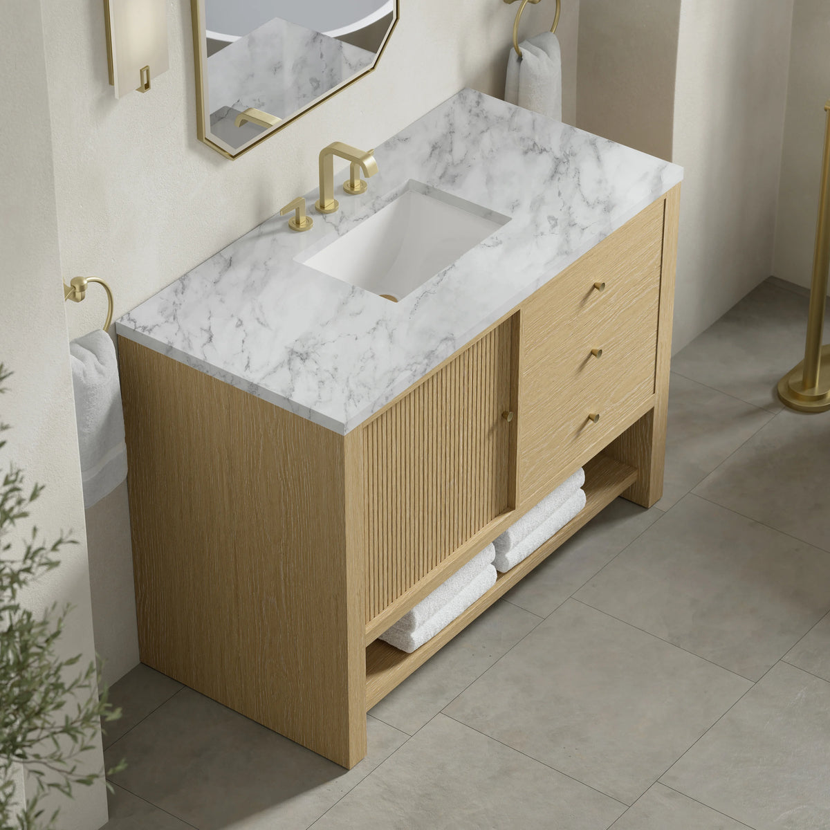 Marigot 48" Single Vanity, Sunwashed Oak w/ 3 CM Carrara White Marble Top, view 6