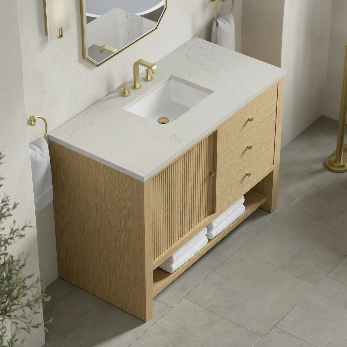 Marigot 48" Single Vanity, Sunwashed Oak, w/ 3 CM Siberian Silestone Top, view 7