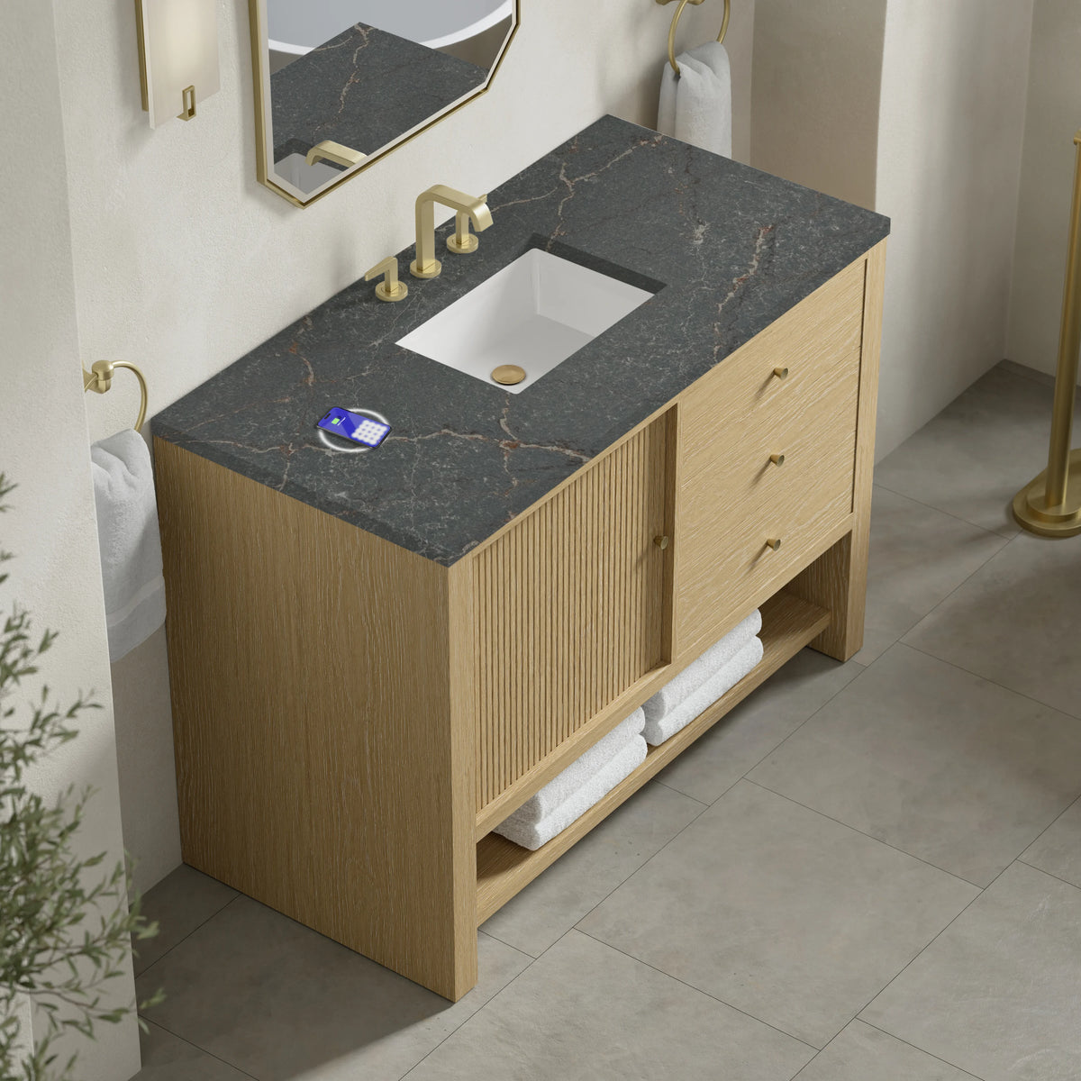 Marigot 48" Single Vanity, Sunwashed Oak w/ 3 CM Parisien Bleu Silestone Top w/ FreePower Wireless Charger, view 9