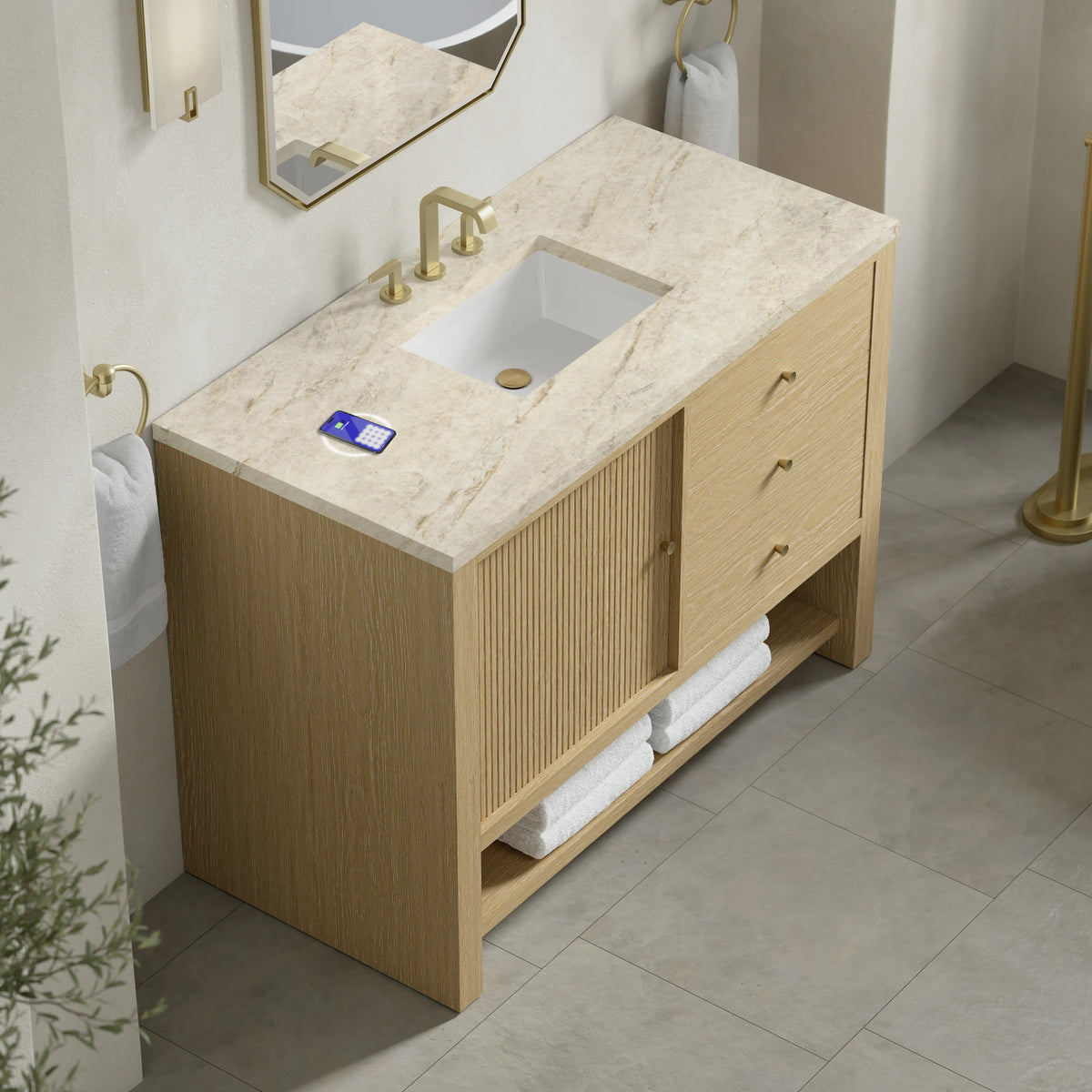 Marigot 48" Single Vanity, Sunwashed Oak, w/ 3 CM Tajnar Eclos Top w/FreePower Wireless Charger, view 9