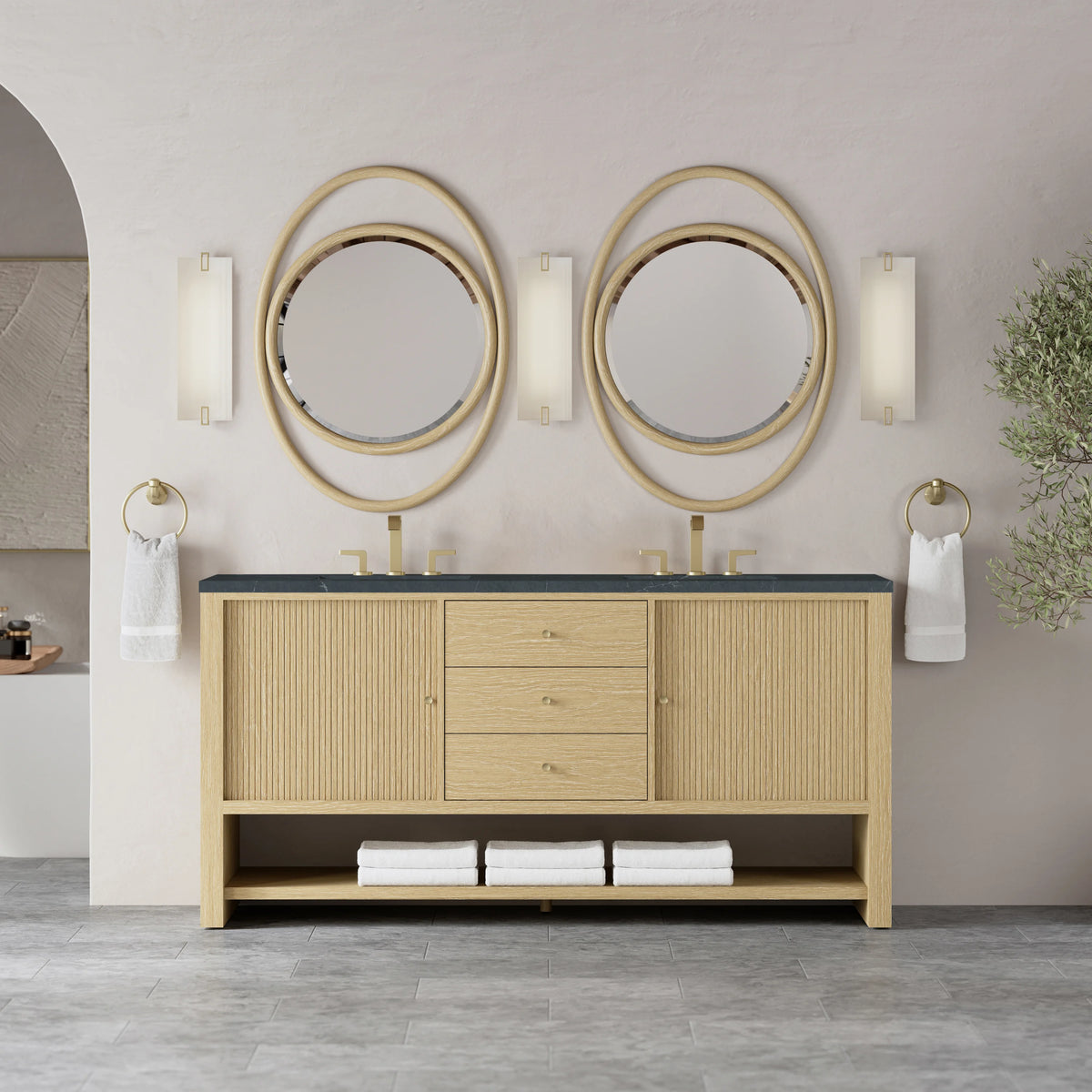 Marigot 72" Double Vanity, Sunwashed Oak w/ 3 CM Charcoal Soapstone Silestone Top, view 3