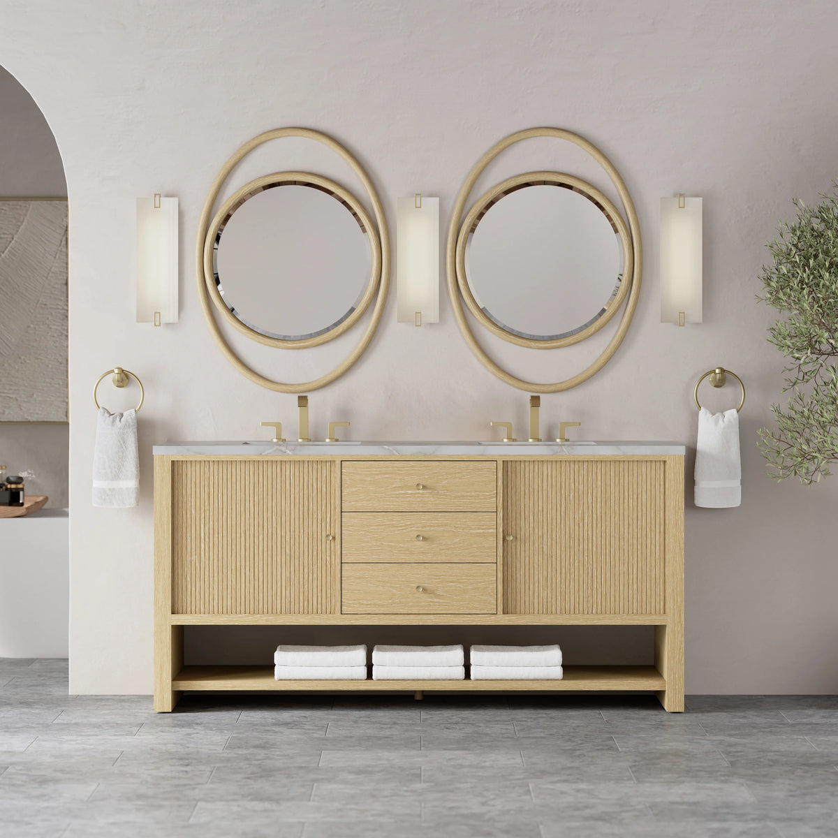 Marigot 72" Double Vanity, Sunwashed Oak w/ 3 CM Victorian Silver Silestone Top, view 3