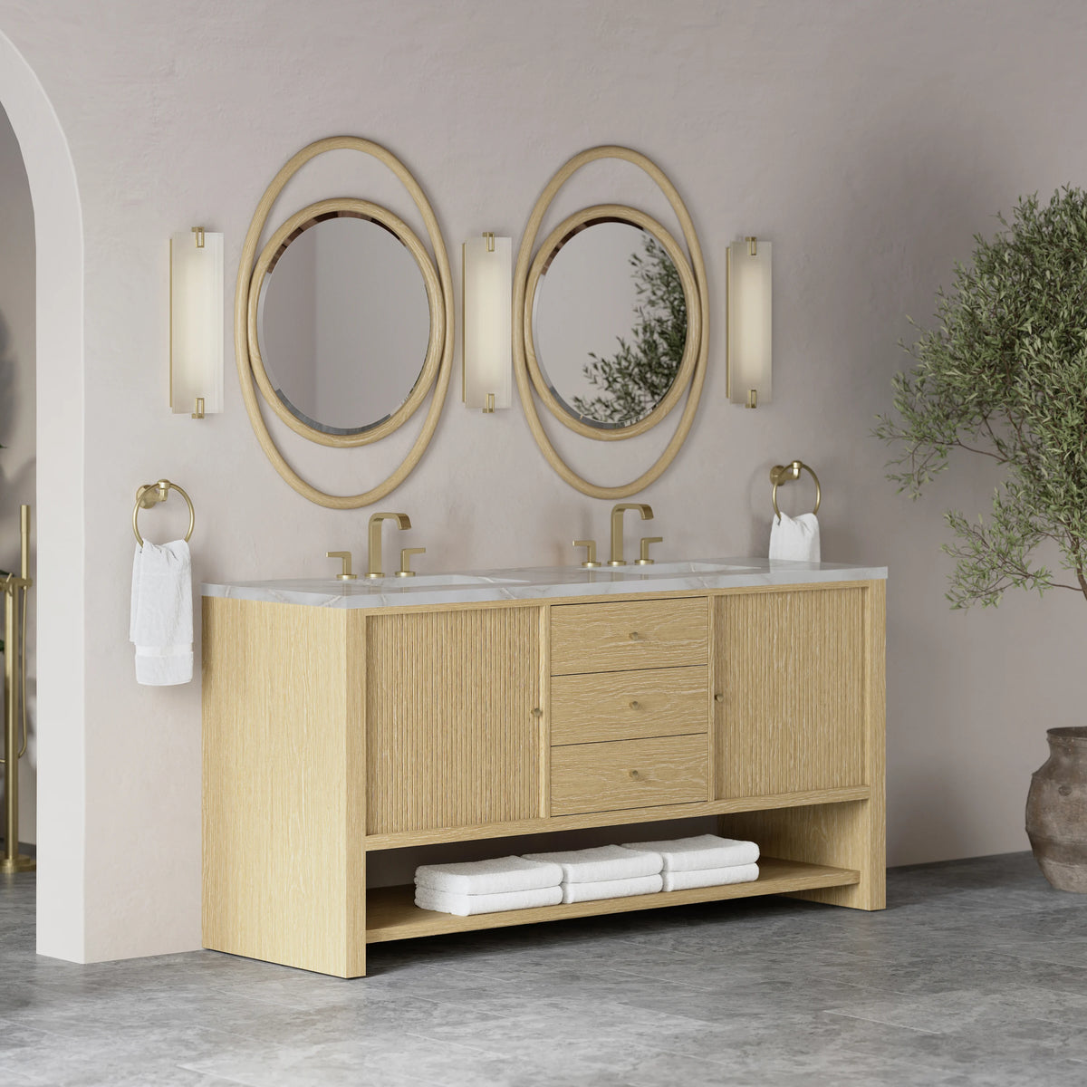 Marigot 72" Double Vanity, Sunwashed Oak w/ 3 CM Victorian Silver Silestone Top, view 4