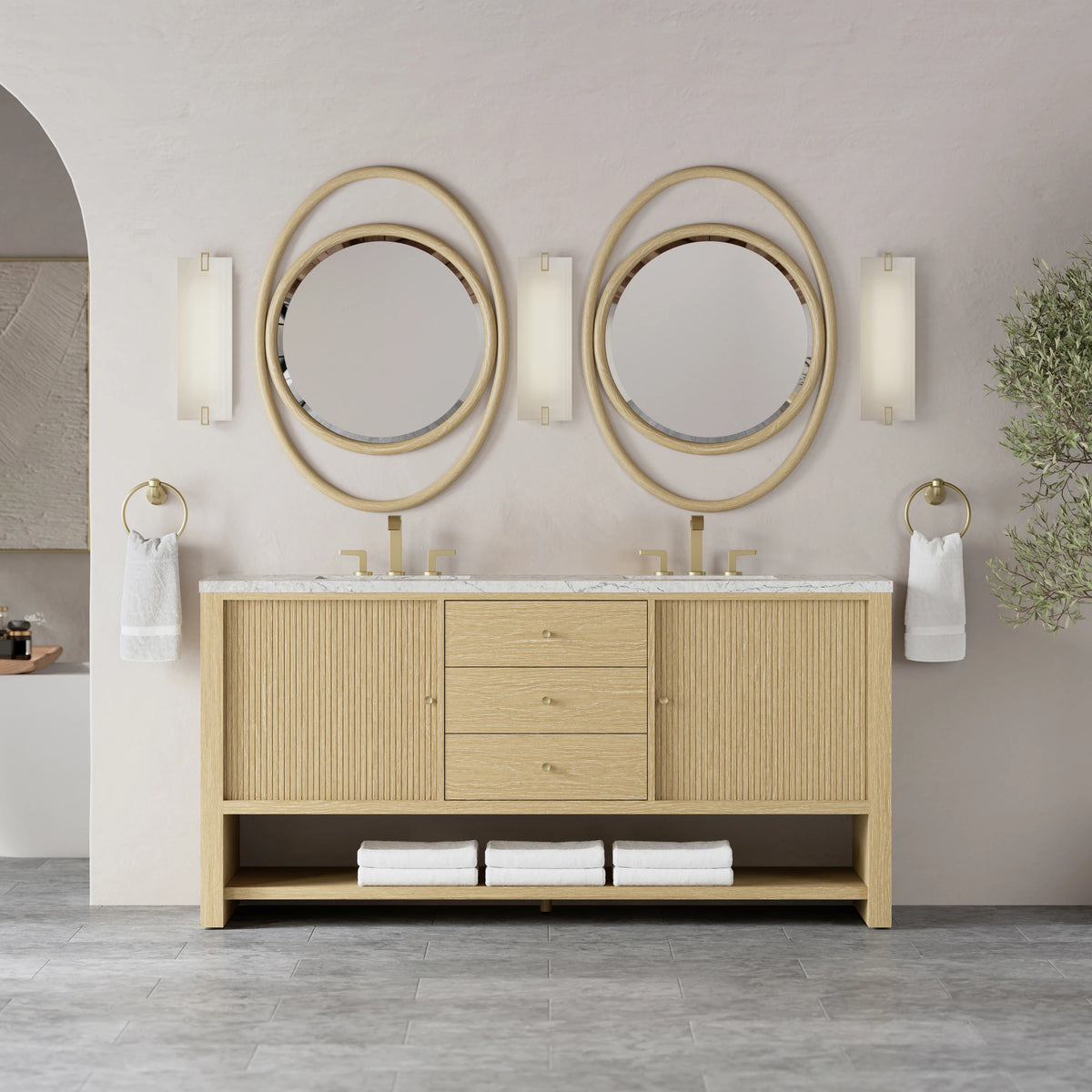 Marigot 72" Double Vanity, Sunwashed Oak w/ 3 CM Eternal Jasmine Pearl Silestone Top w/ FreePower Wireless Char, view 5
