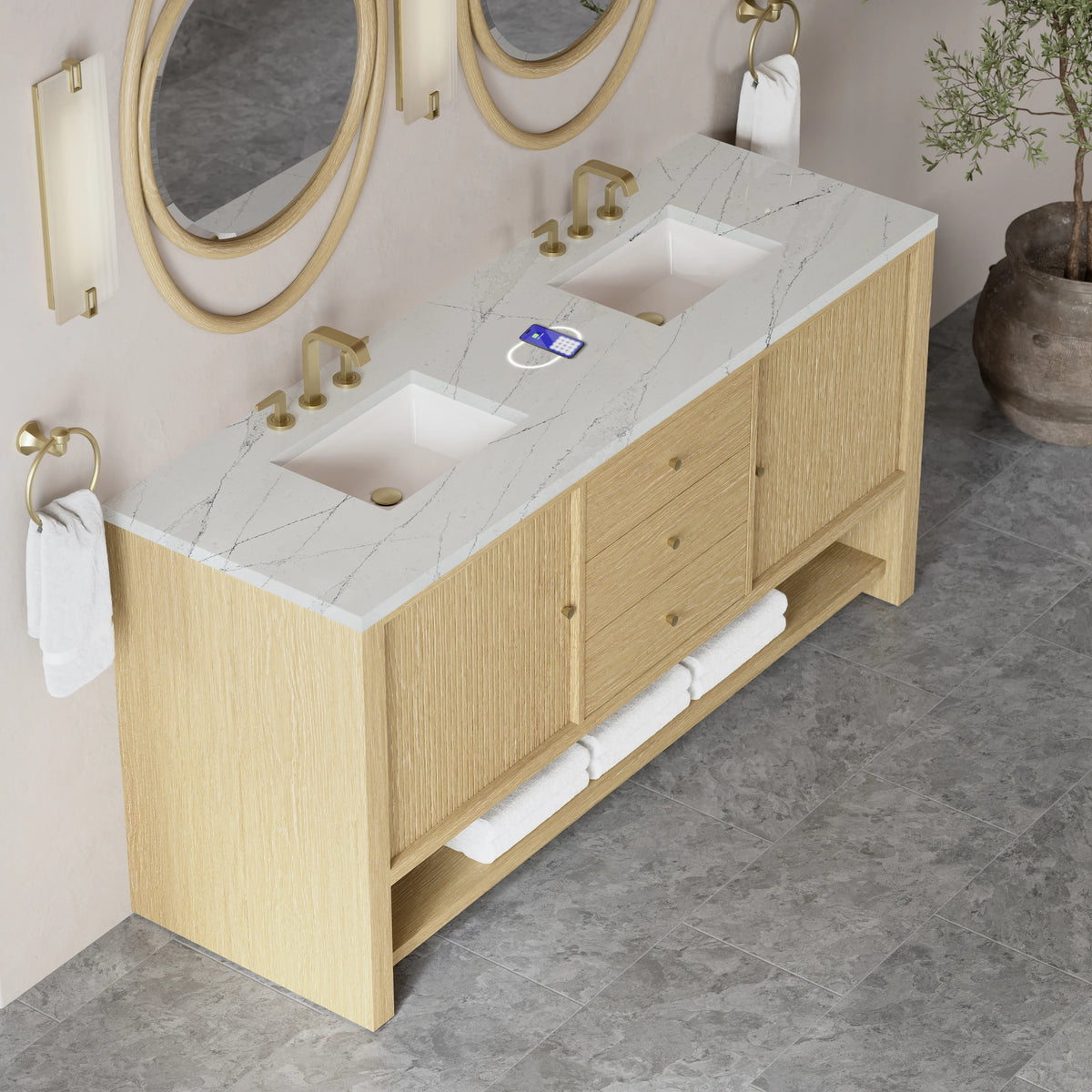 Marigot 72" Double Vanity, Sunwashed Oak w/ 3 CM Ethereal Noctis Silestone Top w/ FreePower Wireless Charger, view 9