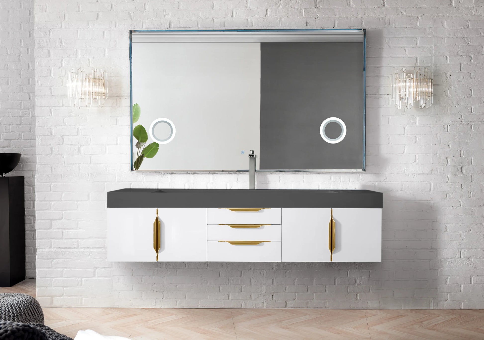 Renovate for Less Atlanta Mercer Island 72" Single Vanity, Glossy White, Radiant Gold w/ Dusk Grey Glossy Composite Stone Top, view 2