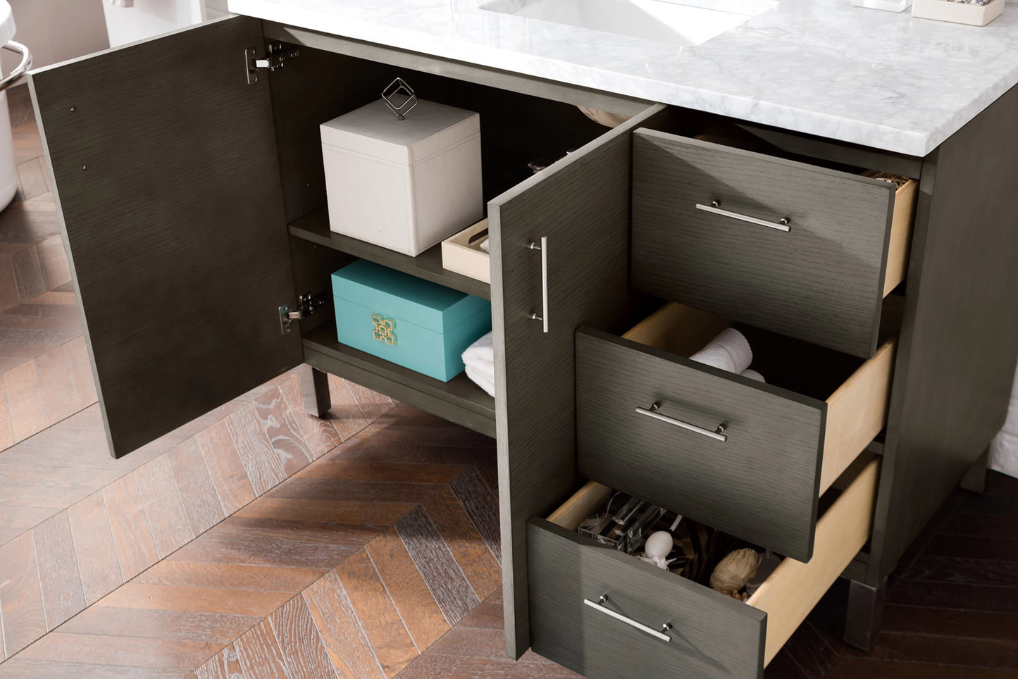 Renovate for Less Atlanta Metropolitan 48" Single Vanity, Silver Oak w/ 3 CM Carrara Marble Top, view 4