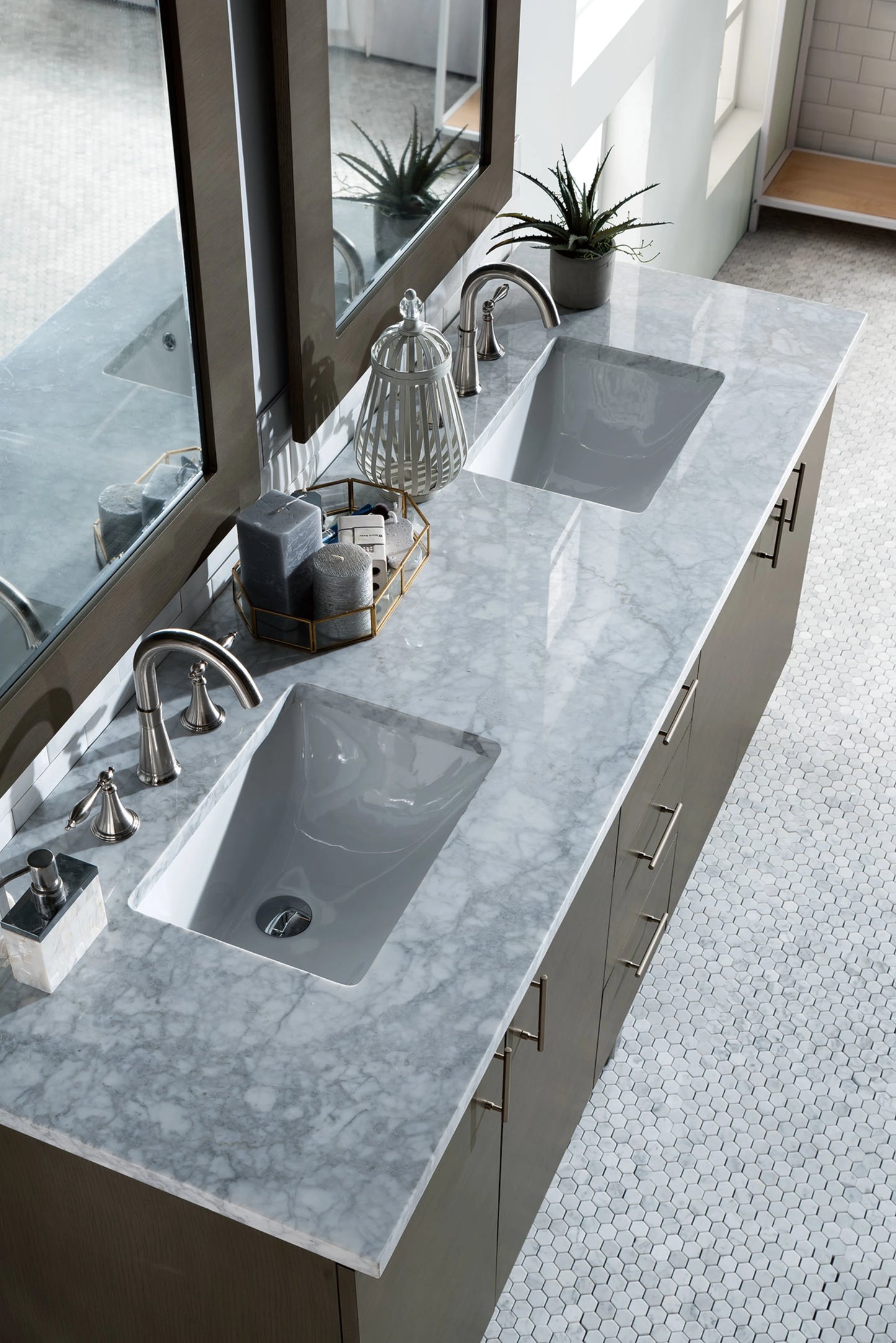 Renovate for Less Atlanta Metropolitan 72" Double Vanity, Silver Oak w/ 3 CM Carrara Marble Top, view 3