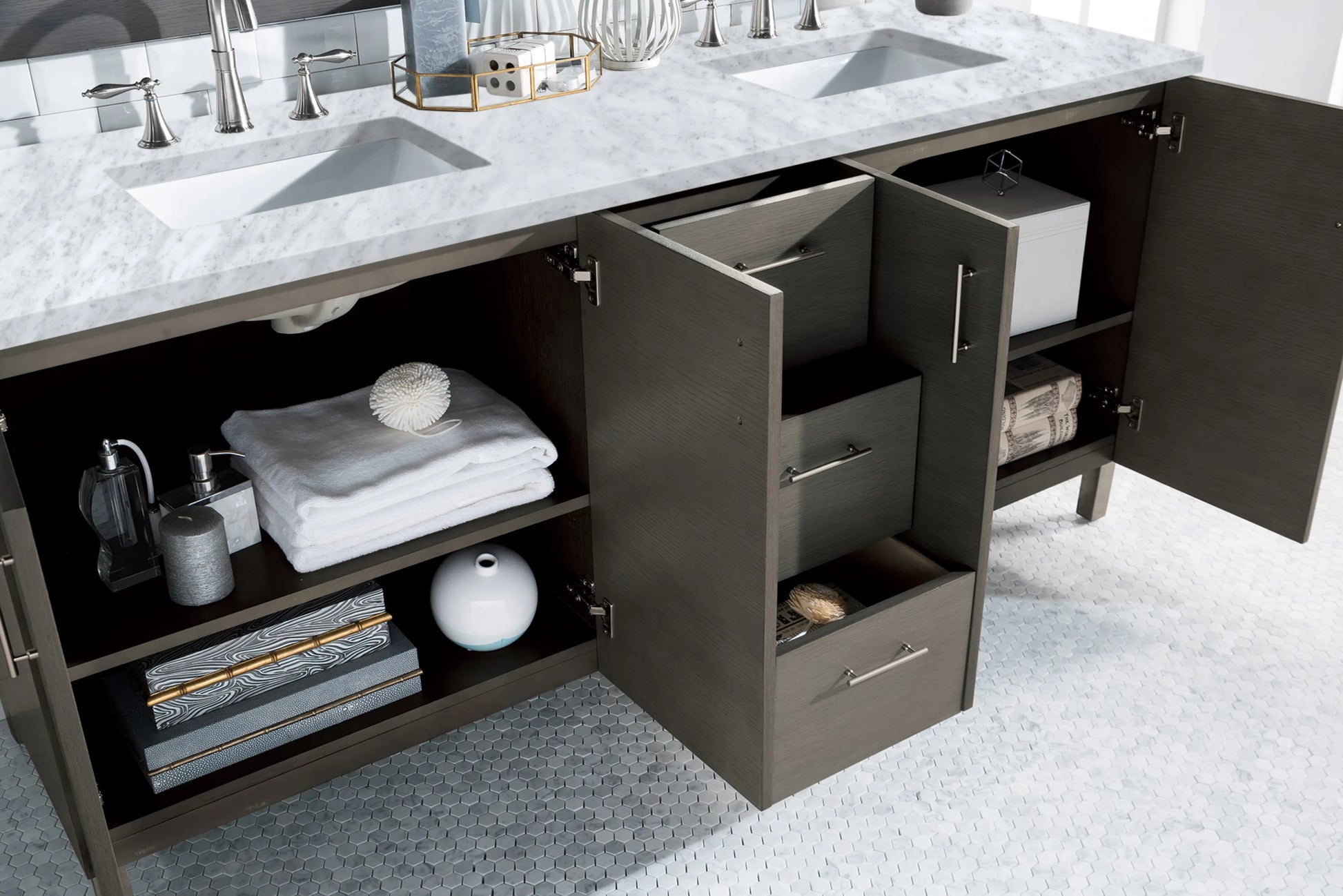 Renovate for Less Atlanta Metropolitan 72" Double Vanity, Silver Oak w/ 3 CM Carrara Marble Top, view 4