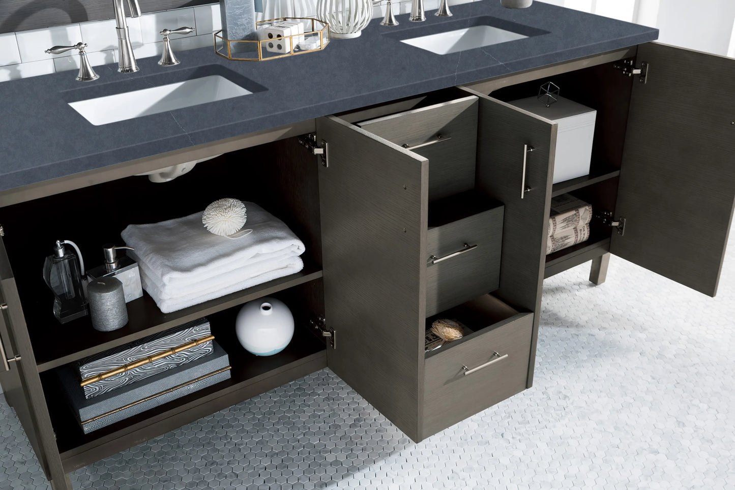 Metropolitan 72" Double Vanity, Silver Oak w/ 3 CM Charcoal Soapstone Silestone Top, view 4