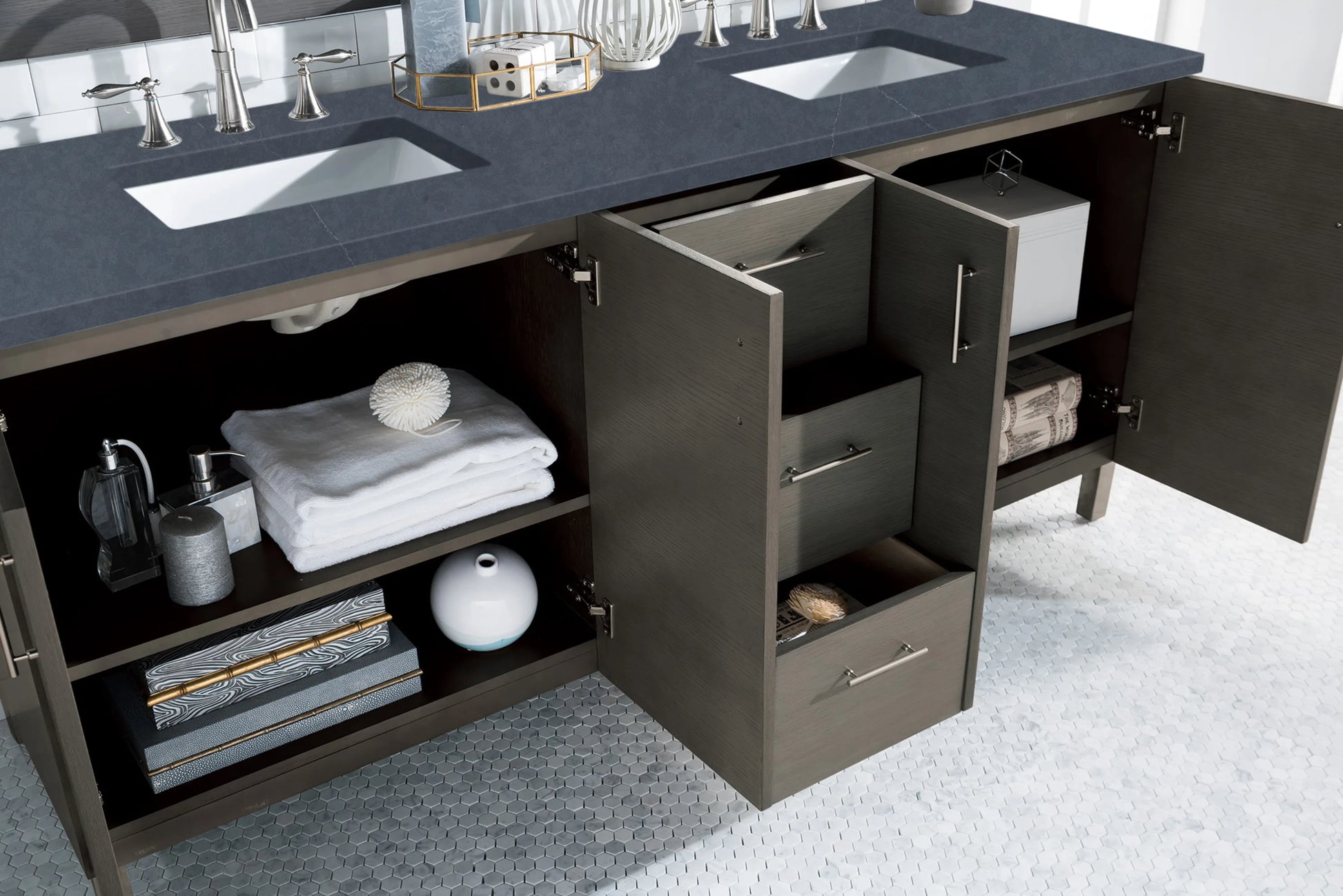 Metropolitan 72" Double Vanity, Silver Oak w/ 3 CM Charcoal Soapstone Silestone Top, view 4