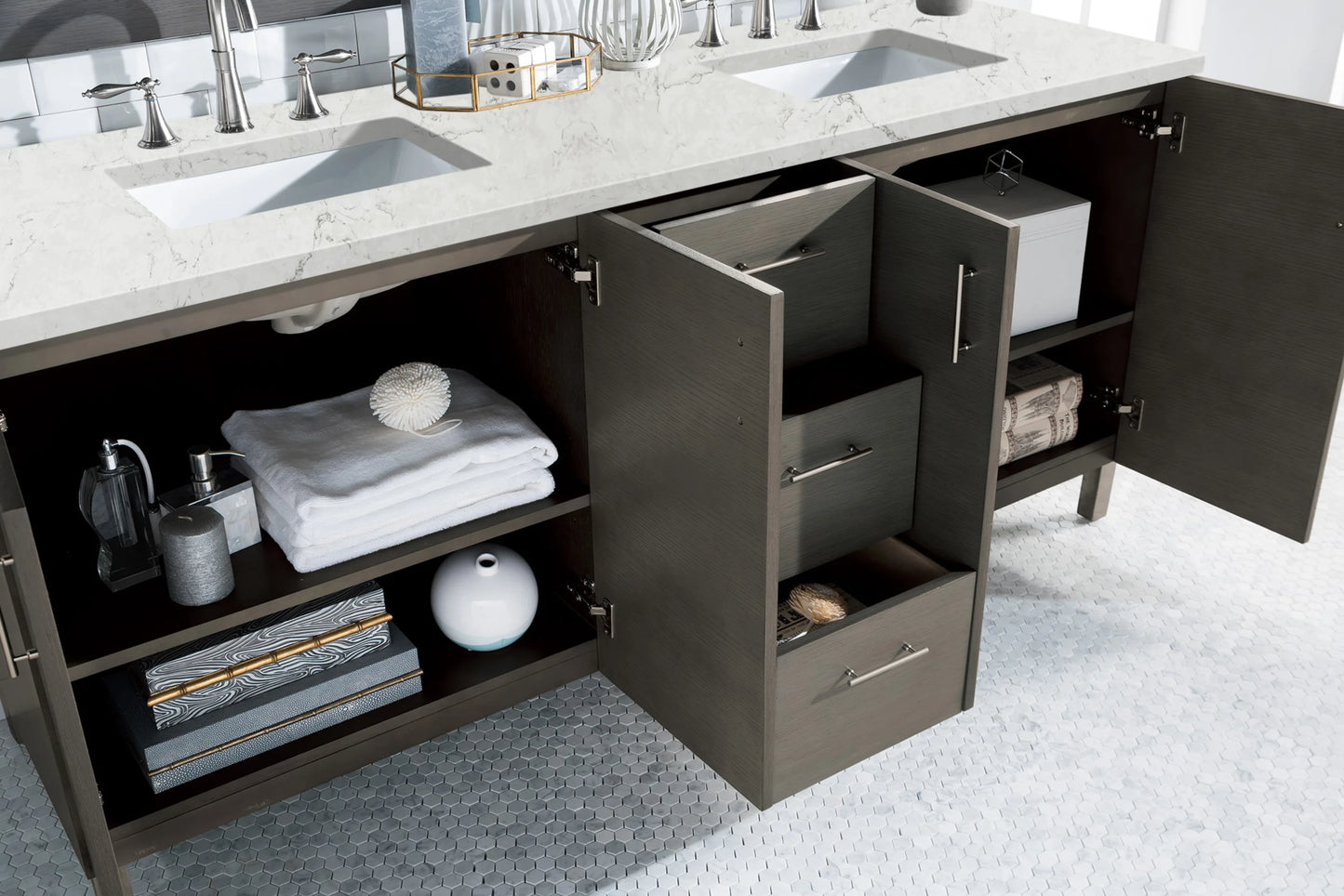 Renovate for Less Atlanta Metropolitan 72" Double Vanity, Silver Oak w/ 3 CM Eternal Jasmine Pearl Silestone Top, view 4