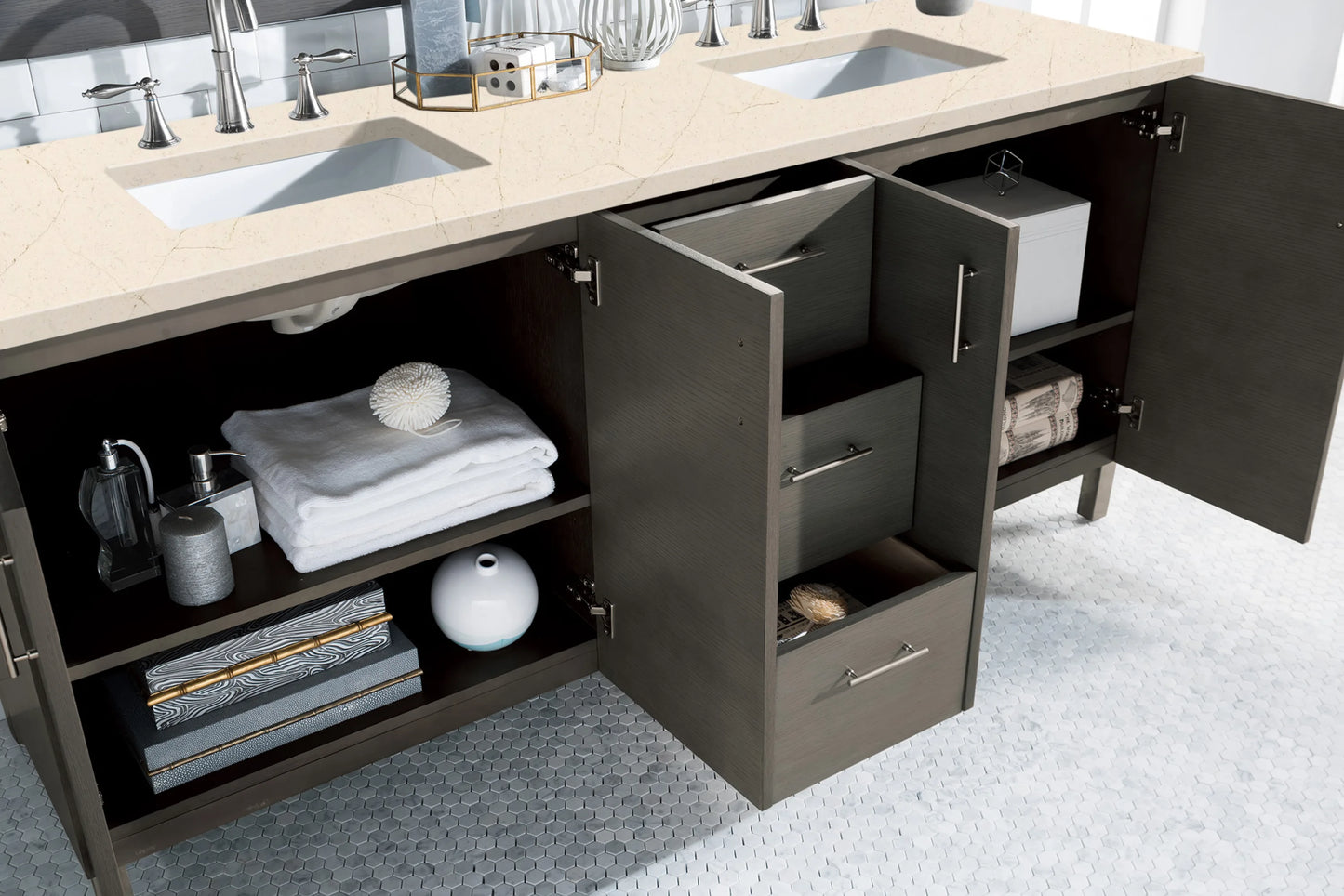 Renovate for Less Atlanta Metropolitan 72" Double Vanity, Silver Oak w/ 3 CM Eternal Marfil Silestone Top, view 4