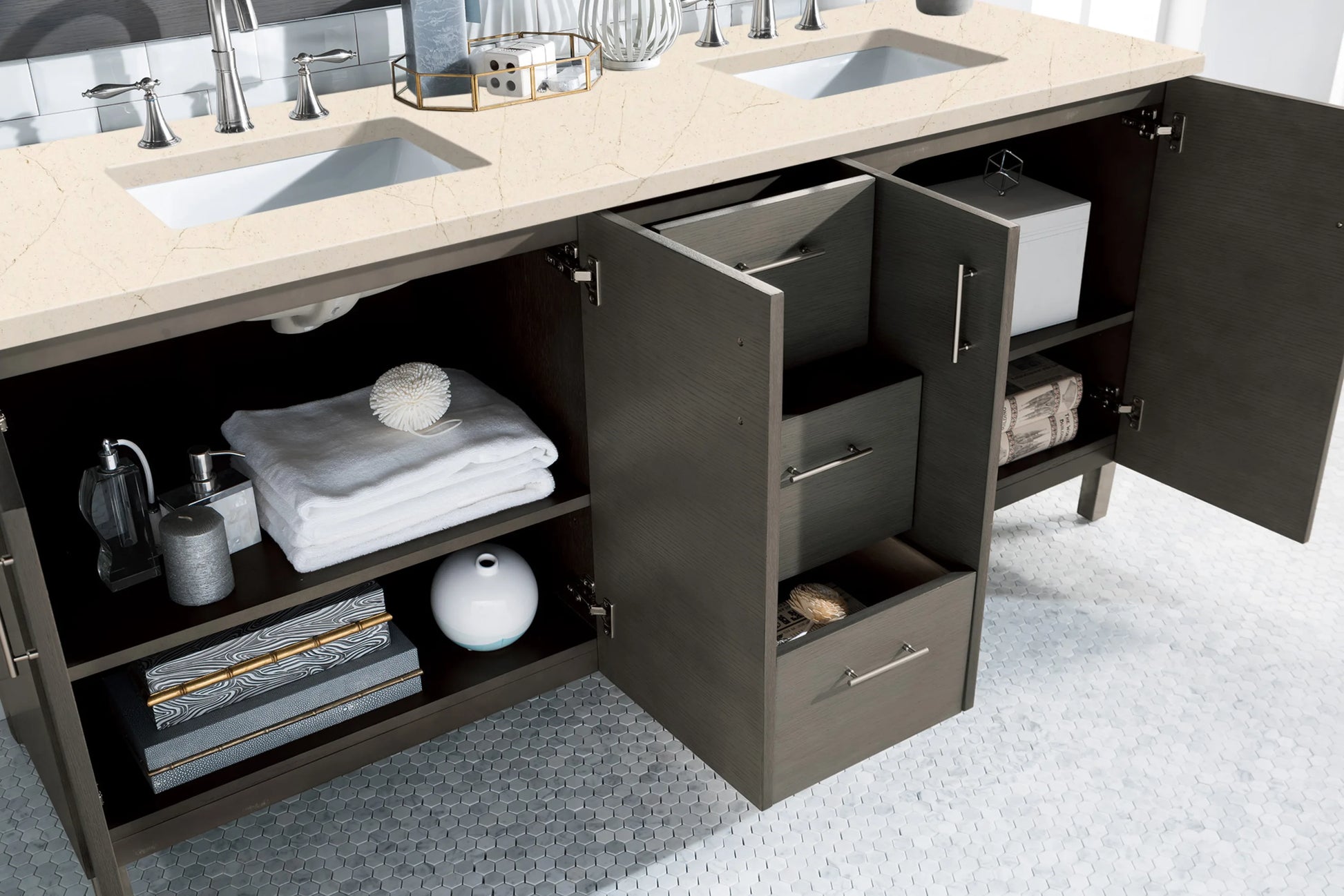 Renovate for Less Atlanta Metropolitan 72" Double Vanity, Silver Oak w/ 3 CM Eternal Marfil Silestone Top, view 4