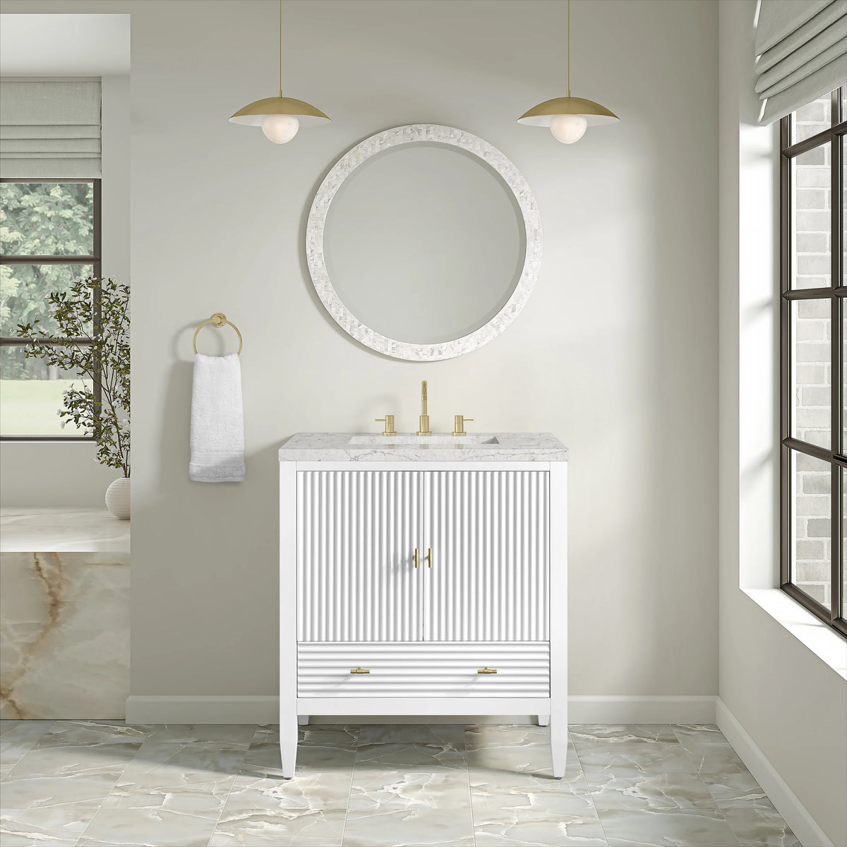 Myrrin 30" Single Vanity, Bright White w/ 3 CM Eternal Jasmine Pearl Silestone Top, view 3