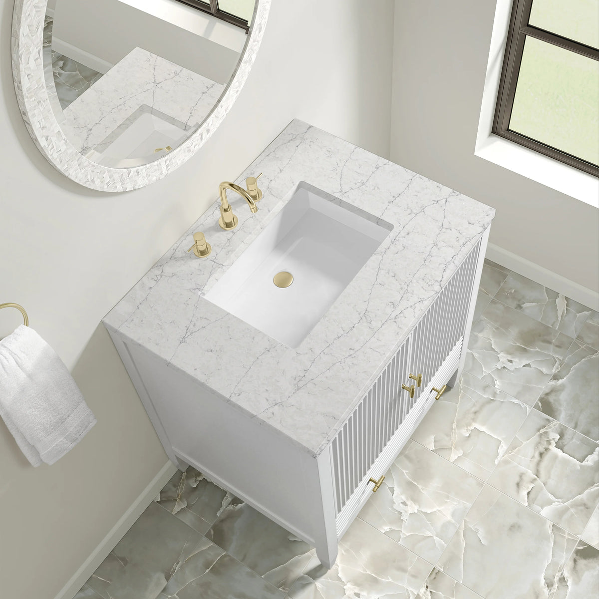 Myrrin 30" Single Vanity, Bright White w/ 3 CM Eternal Jasmine Pearl Silestone Top, view 7