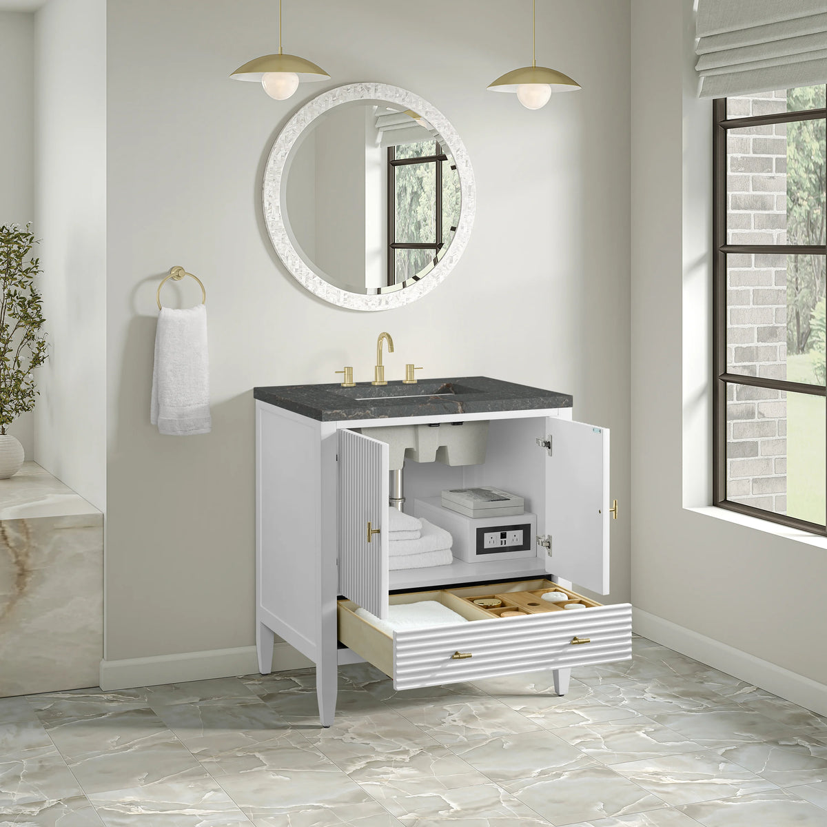 Myrrin 30" Single Vanity, Bright White w/ 3 CM Parisien Bleu Silestone Top, view 5