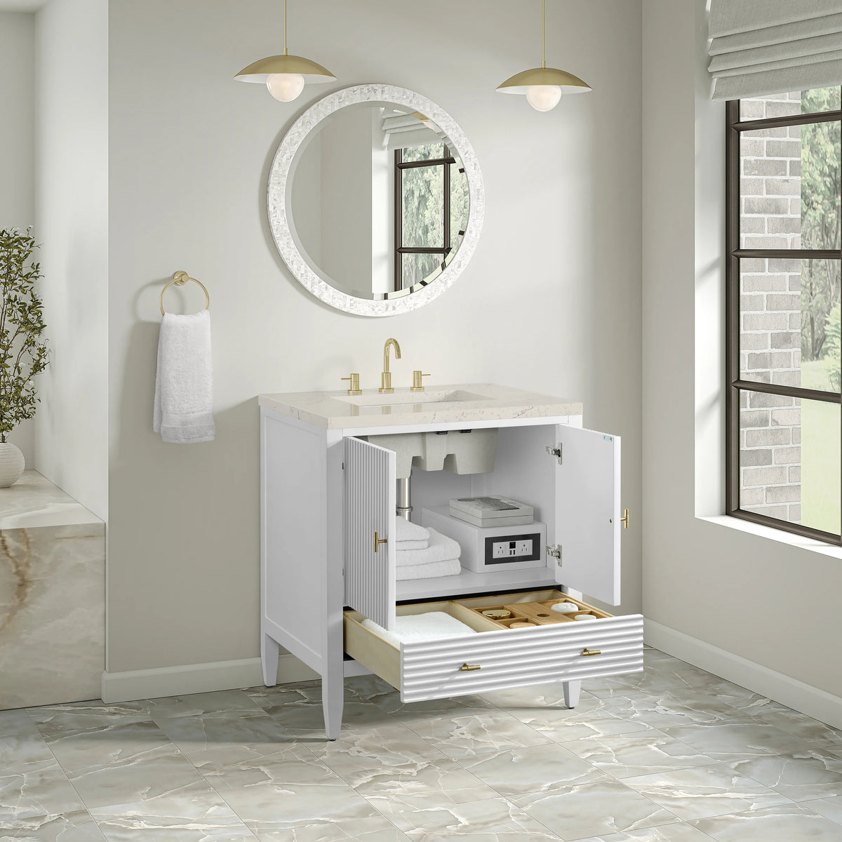 Myrrin 30" Single Vanity, Bright White w/ 3 CM Siberian Silestone Top, view 8