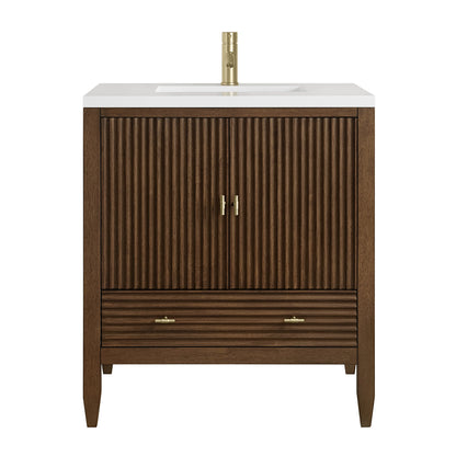 Myrrin 30" Single Vanity, Mid-Century Walnut w/ Single Hole 3 CM White Zeus Silestone Top and Matching Backsplash