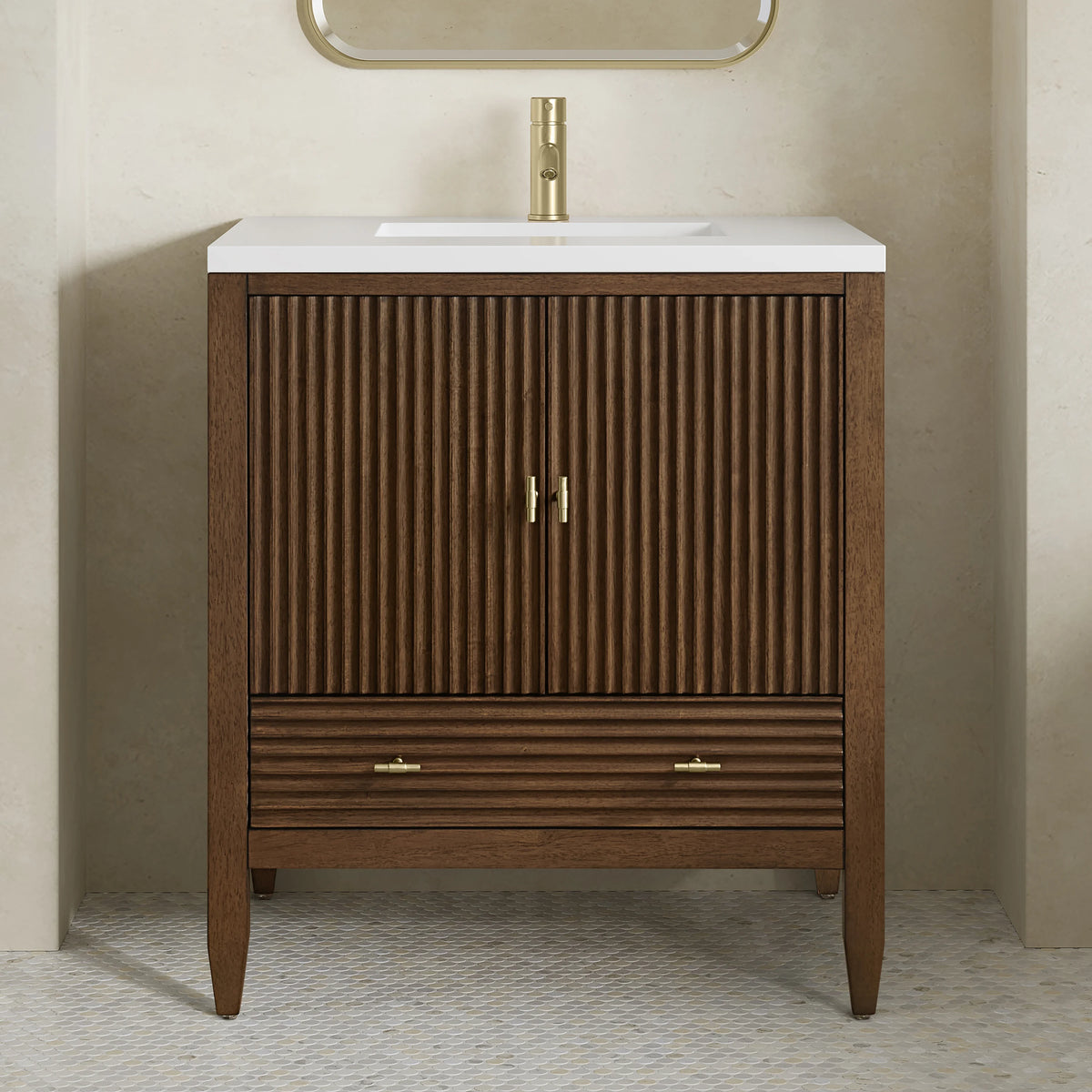 Myrrin 30" Single Vanity, Mid-Century Walnut w/ Single Hole 3 CM White Zeus Silestone Top and Matching Backspla, view 5