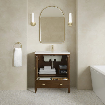 Myrrin 30" Single Vanity, Mid-Century Walnut w/ Single Hole 3 CM White Zeus Silestone Top and Matching Backspla, view 9